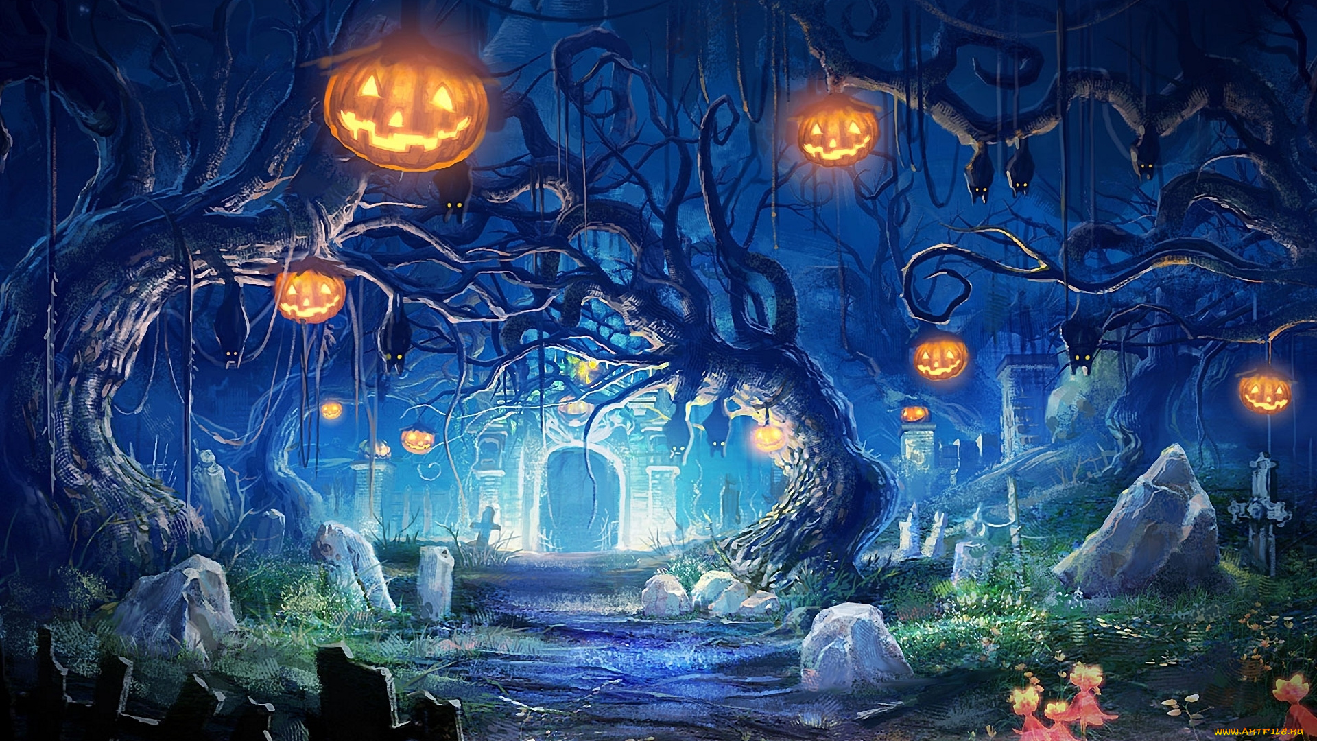 helloween, праздничные, хэллоуин, тыквы, арт, деревья, камни, склеп, могилы, огни, ночь, кладбище, летучие, мыши