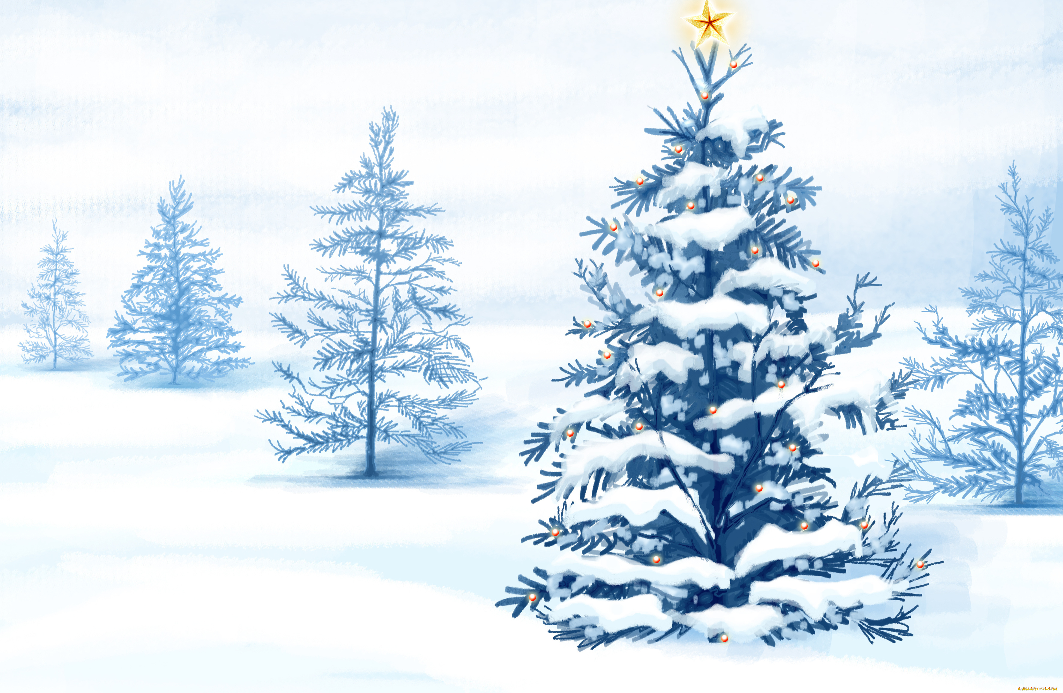 праздничные, рисованные, елка, снег, новый, год, зима