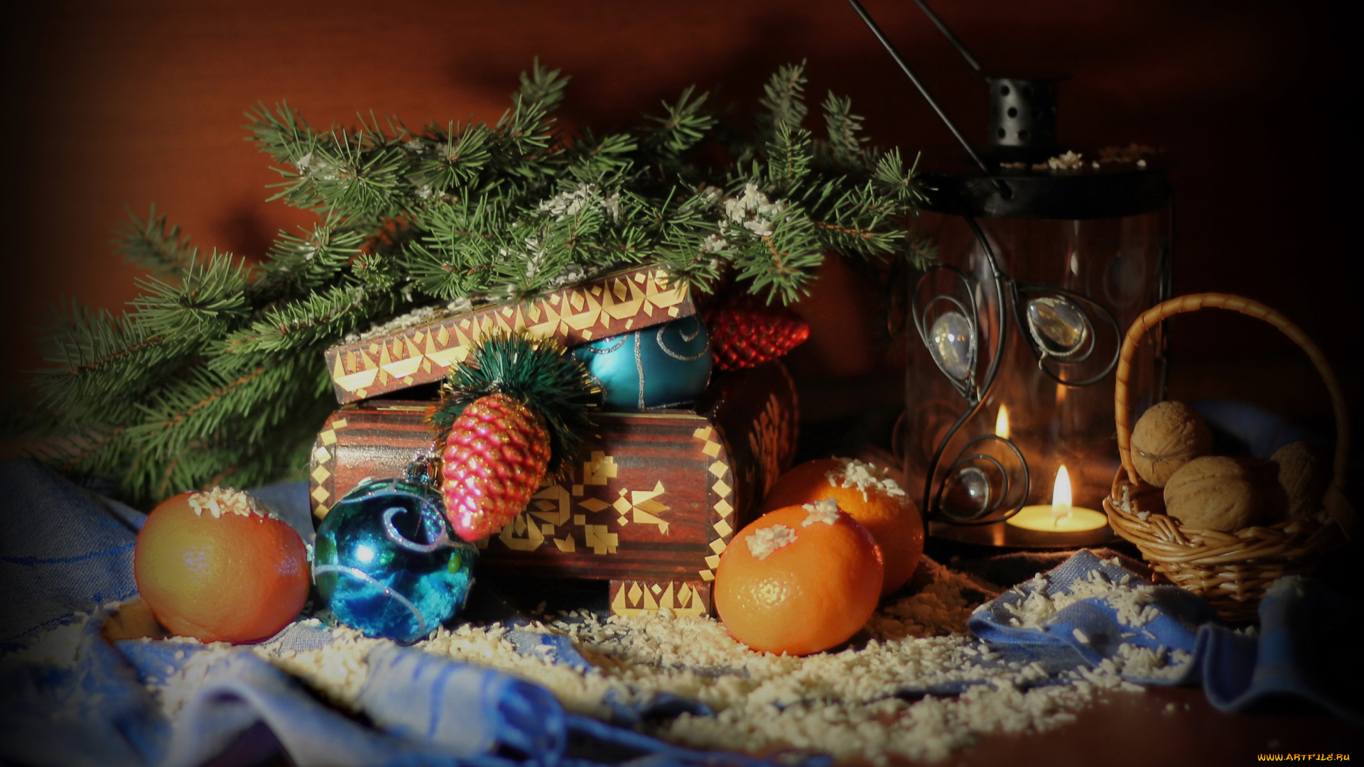 праздничные, угощения, мандарины, елка, свеча, орехи
