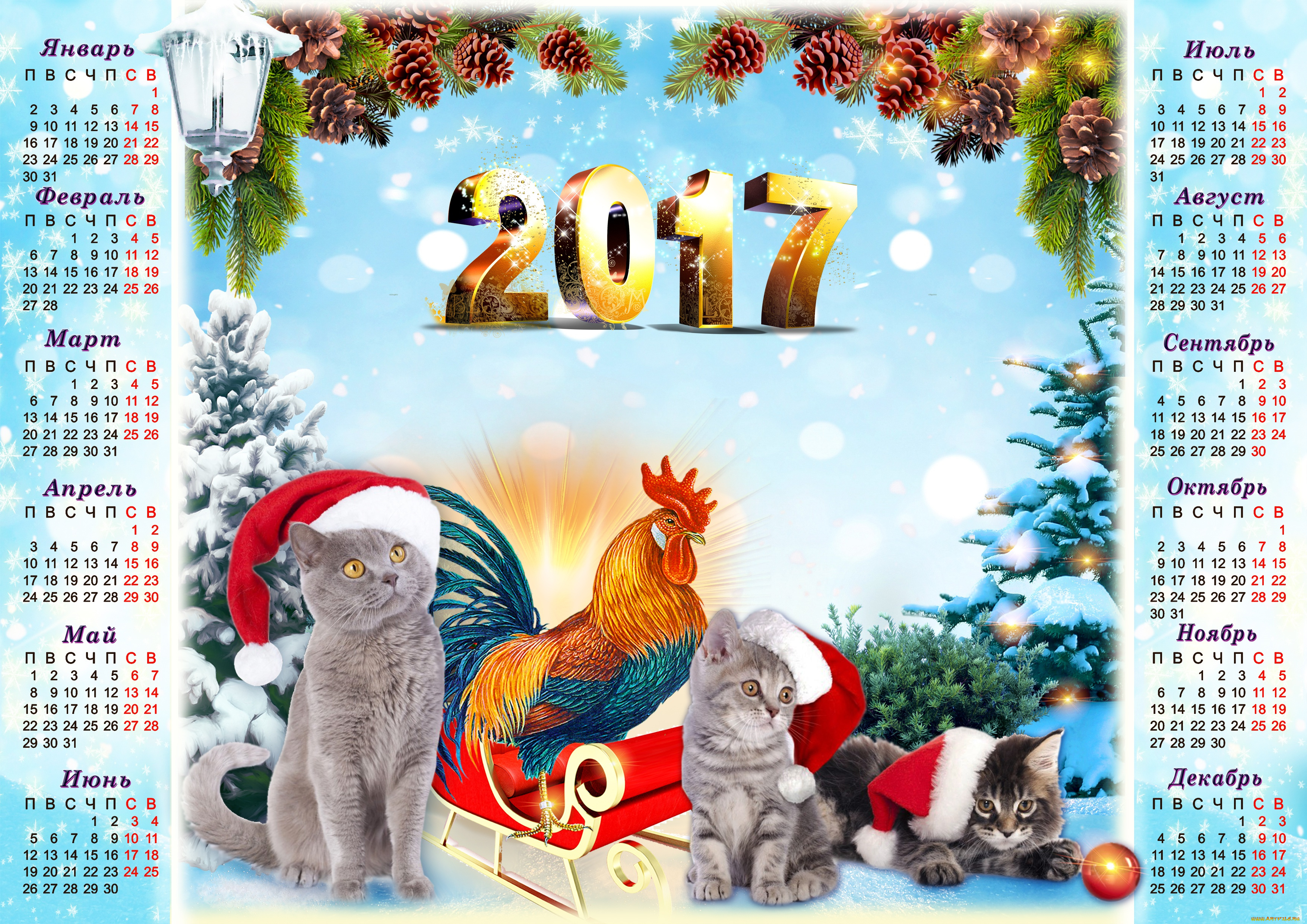 календари, животные, 2017, год, фон, петуха, серые, календарь, ели, голубой, котята