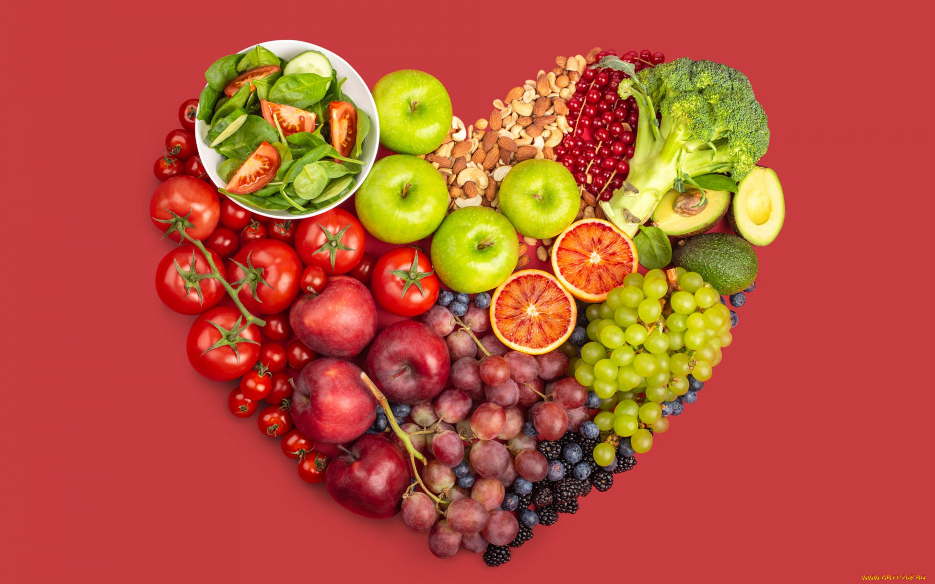 еда, фрукты, и, овощи, вместе, помидоры, брокколи, виноград, яблоки, ягоды