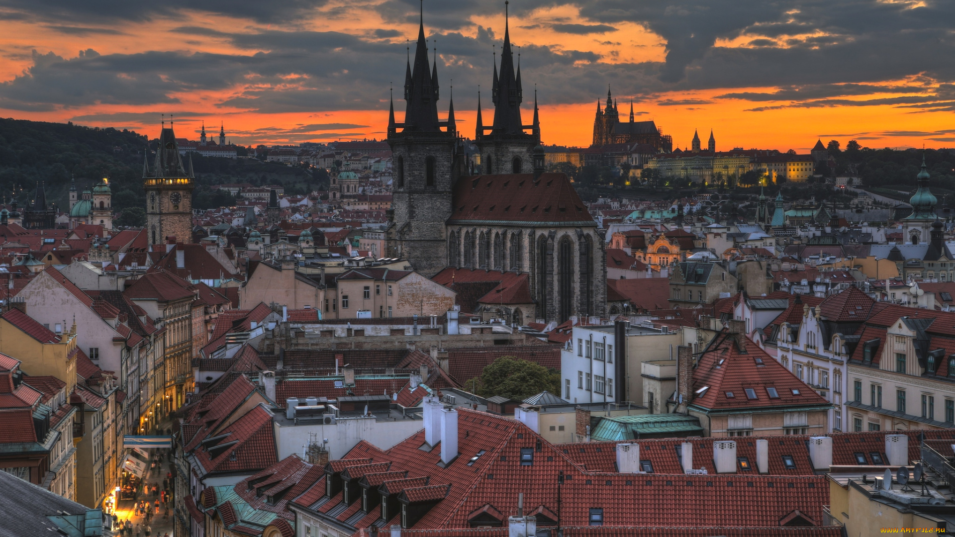 города, прага, Чехия, вечер, панорама, крыши