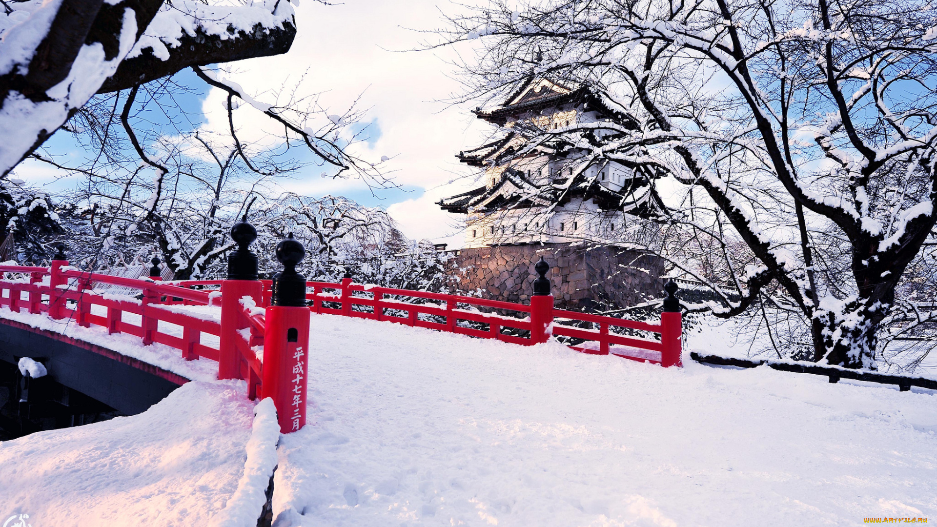 hirosaki, japan, города, замки, Японии, Япония, мост, снег, зима, замок, хиросаки