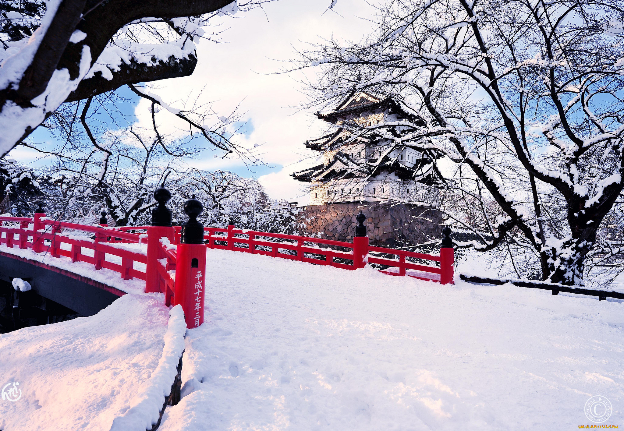hirosaki, japan, города, замки, Японии, Япония, мост, снег, зима, замок, хиросаки