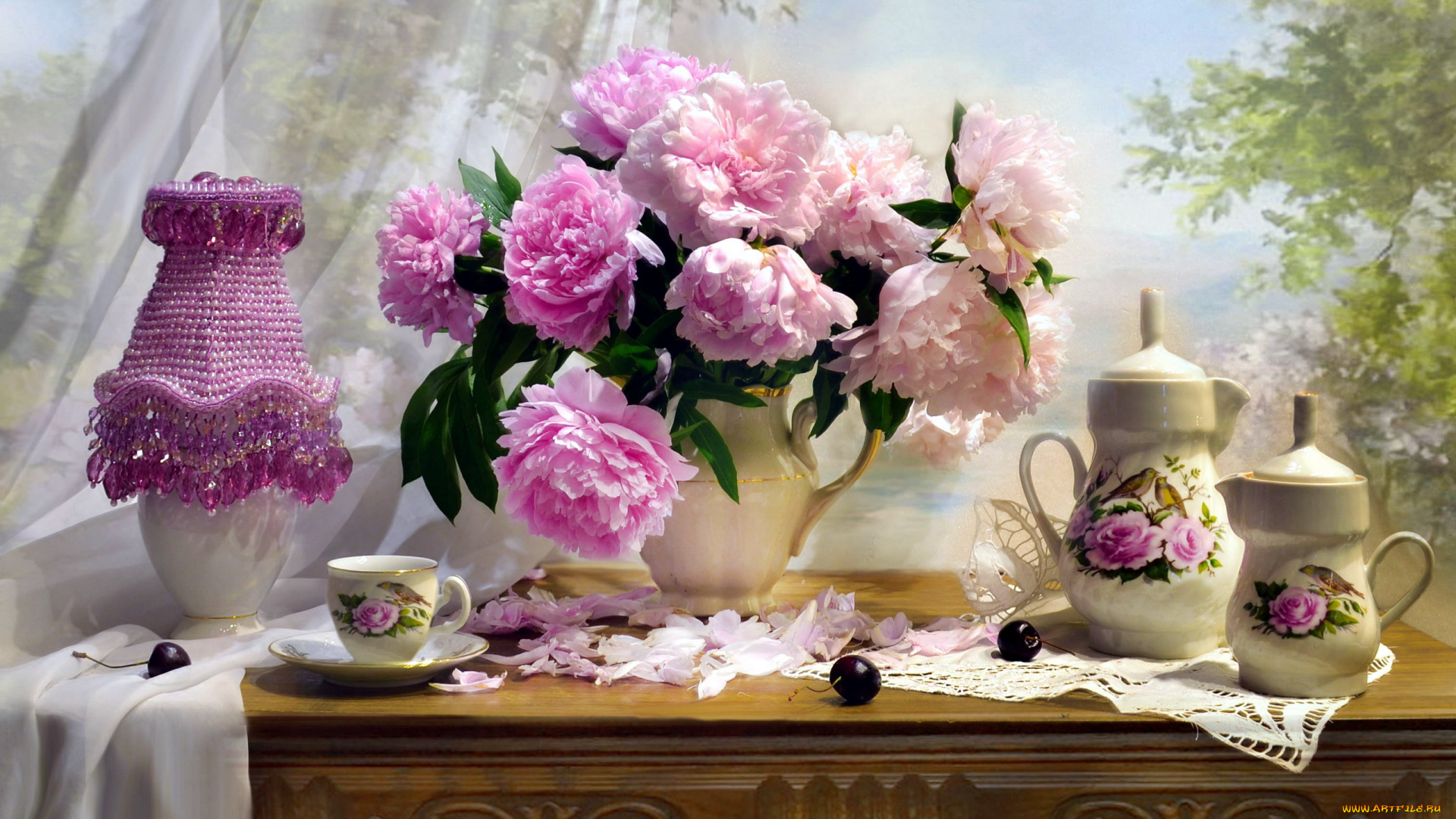 цветы, пионы, букет, розовые, ваза, настольная, лампа