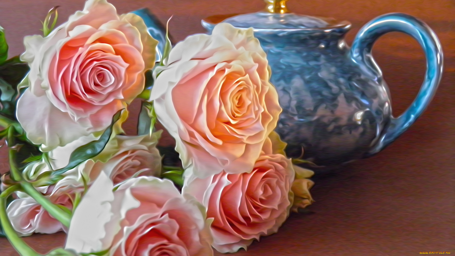 рисованные, цветы, чайник, розы