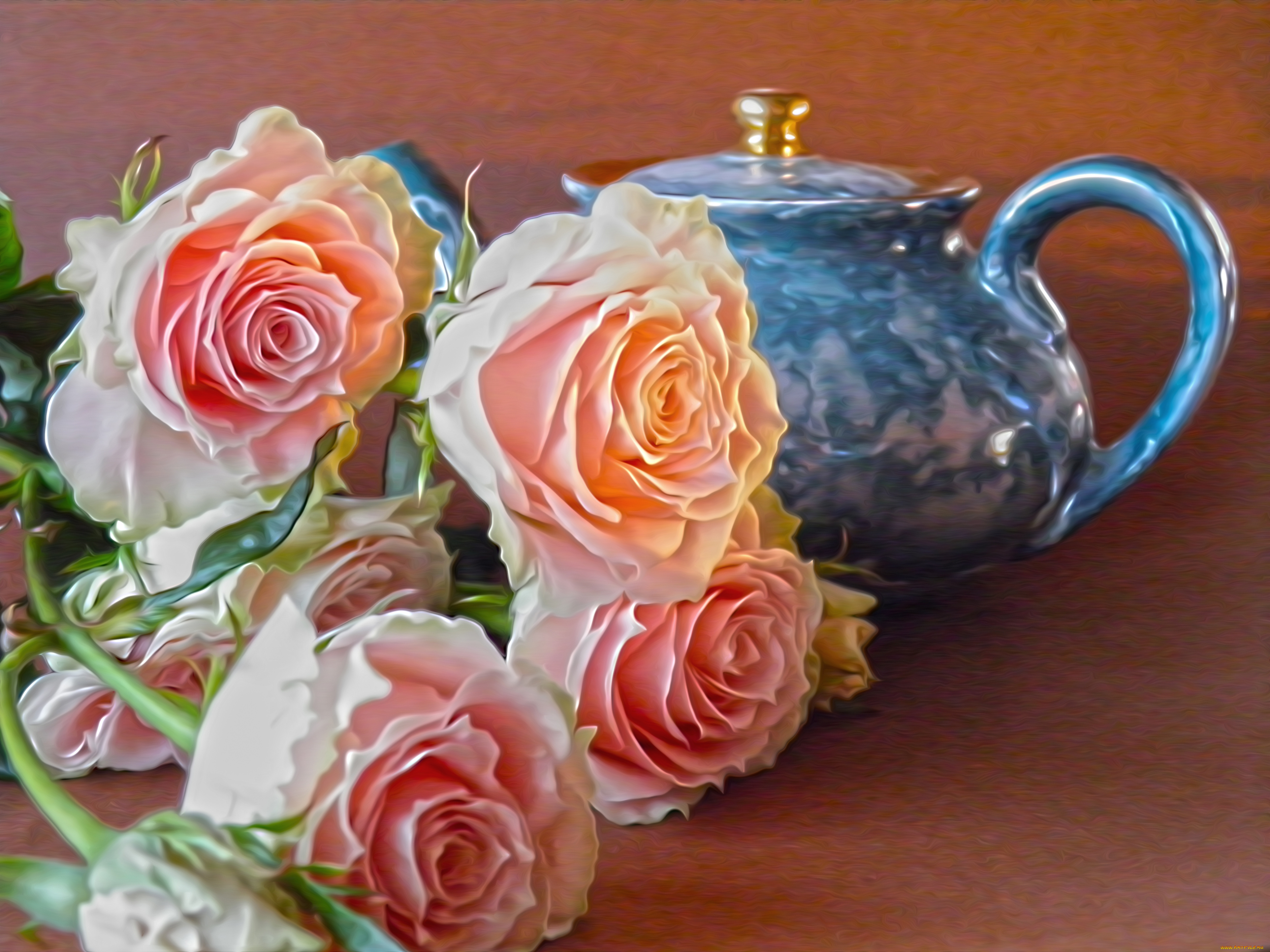 рисованные, цветы, чайник, розы