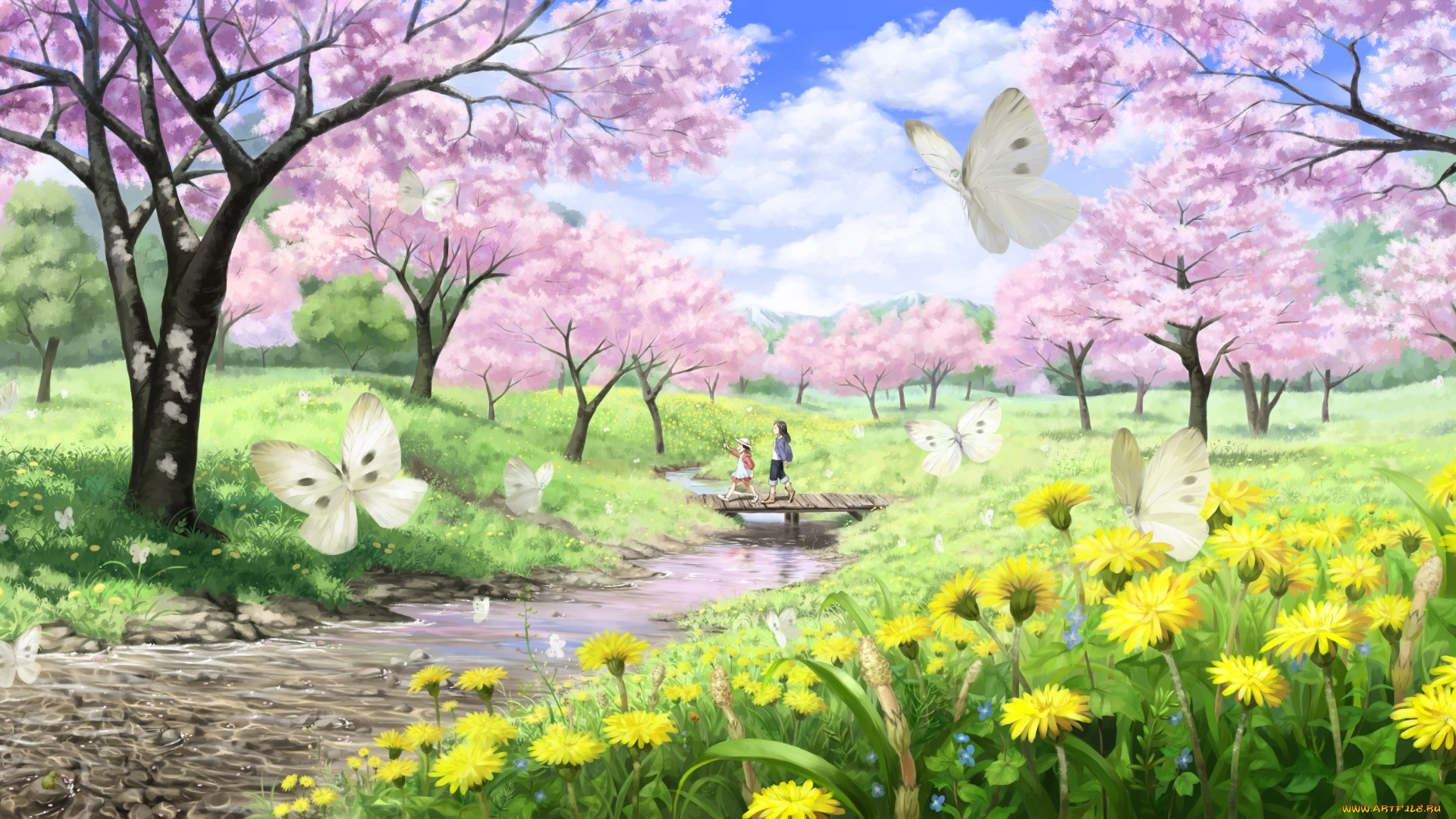 аниме, *unknown, другое, мост, ручей, сакура, цветы