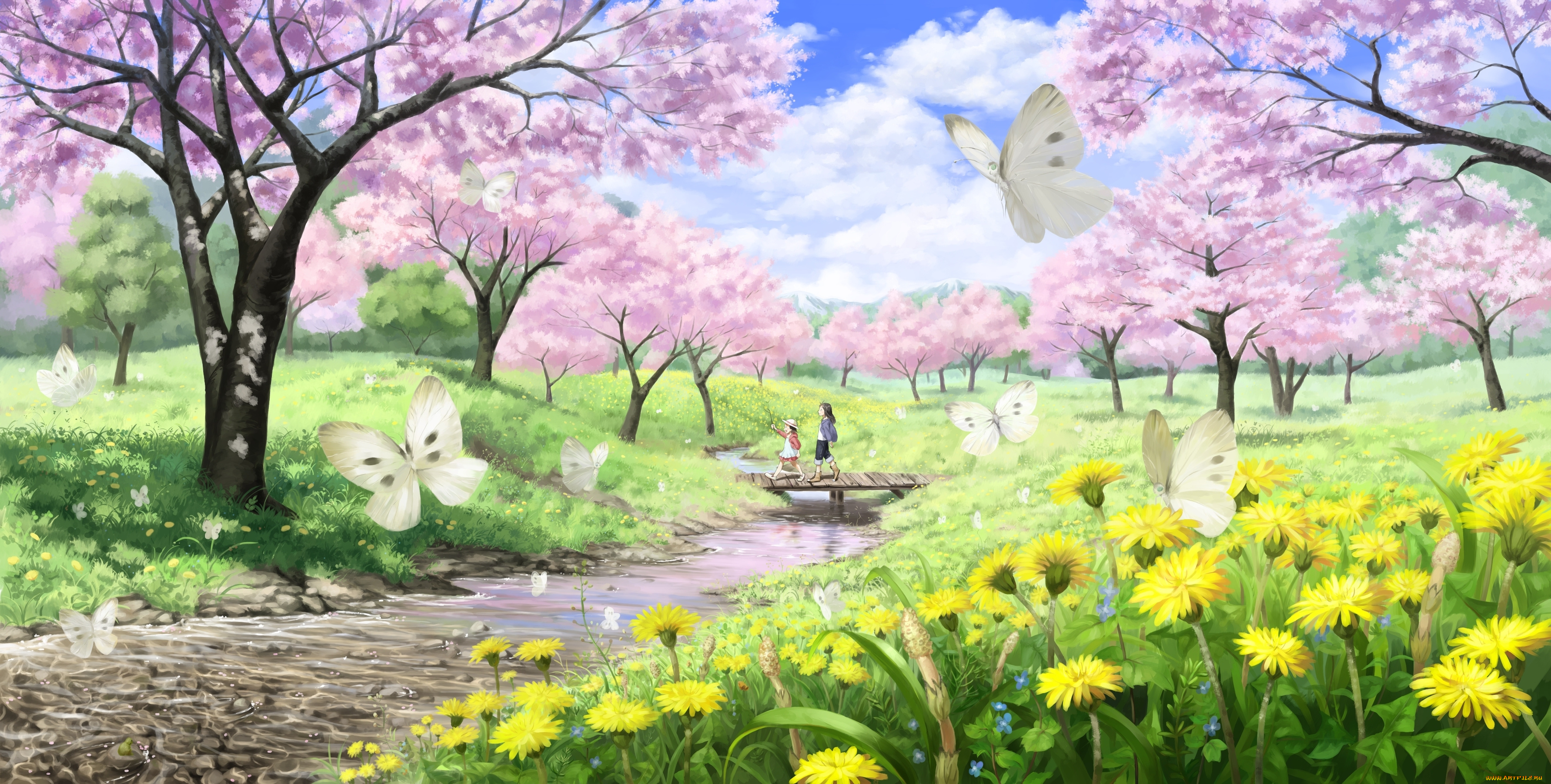 аниме, *unknown, другое, мост, ручей, сакура, цветы