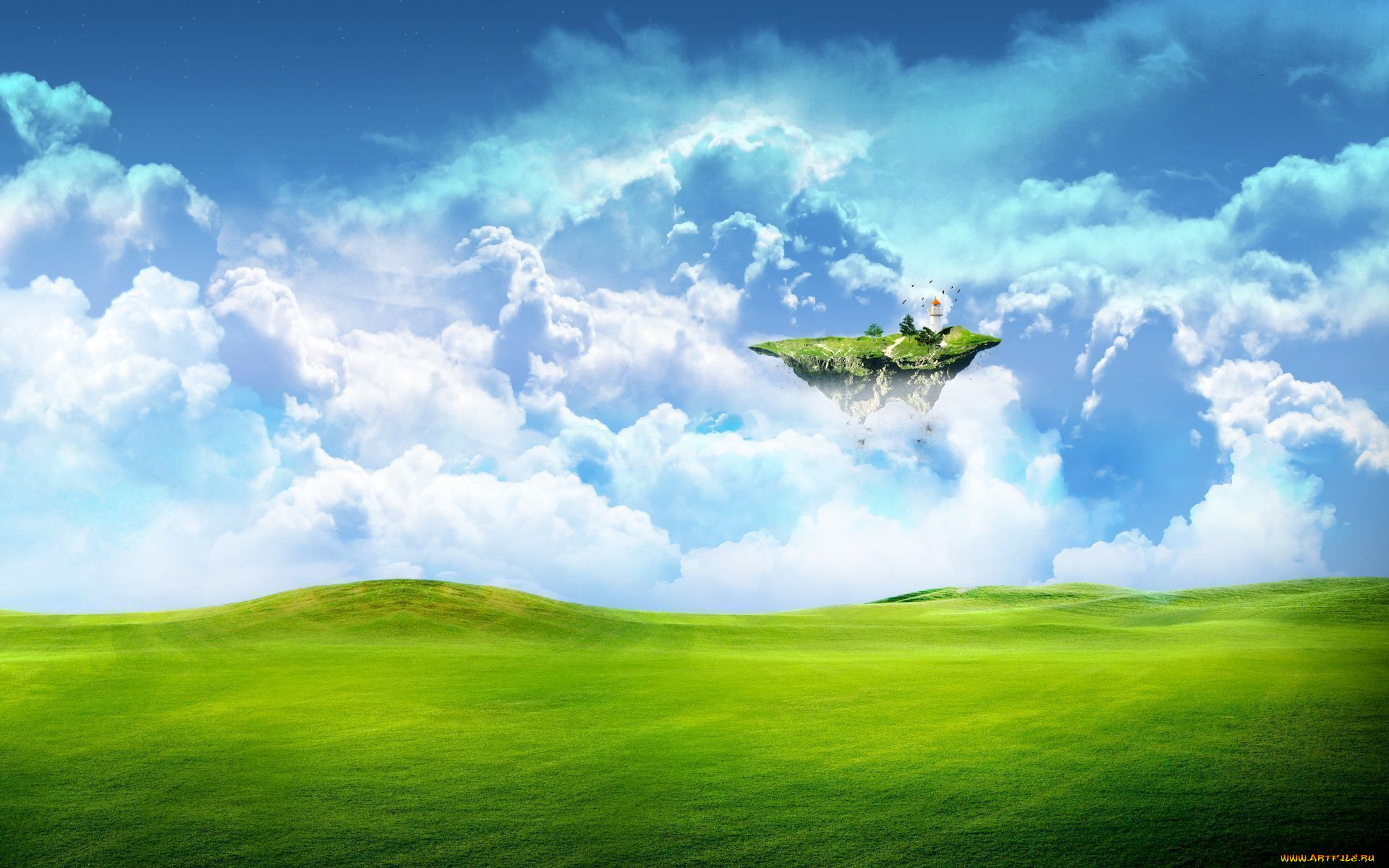 разное, компьютерный, дизайн, зелень, трава, поле, фантастика, земля, облака, небо
