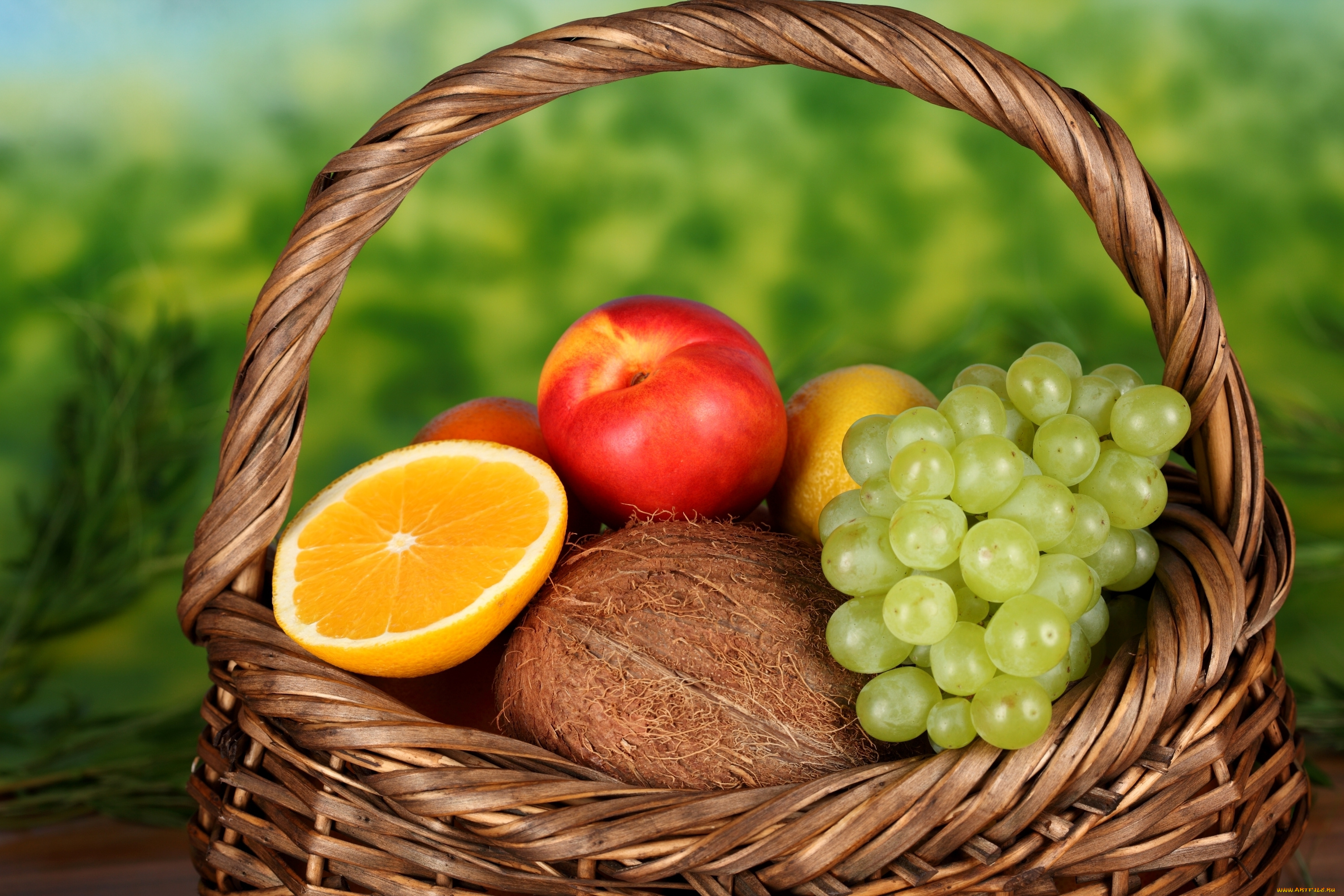 еда, фрукты, ягоды, виноград, лимон, персик, апельсин, кокос, корзина