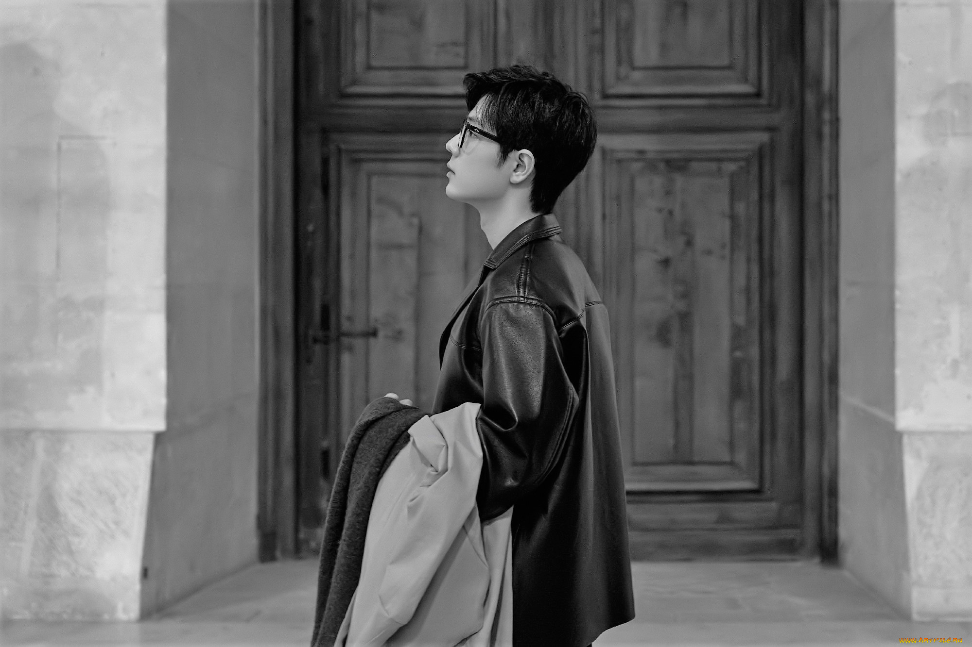 мужчины, xiao, zhan, актер, очки, куртка, здание, дверь