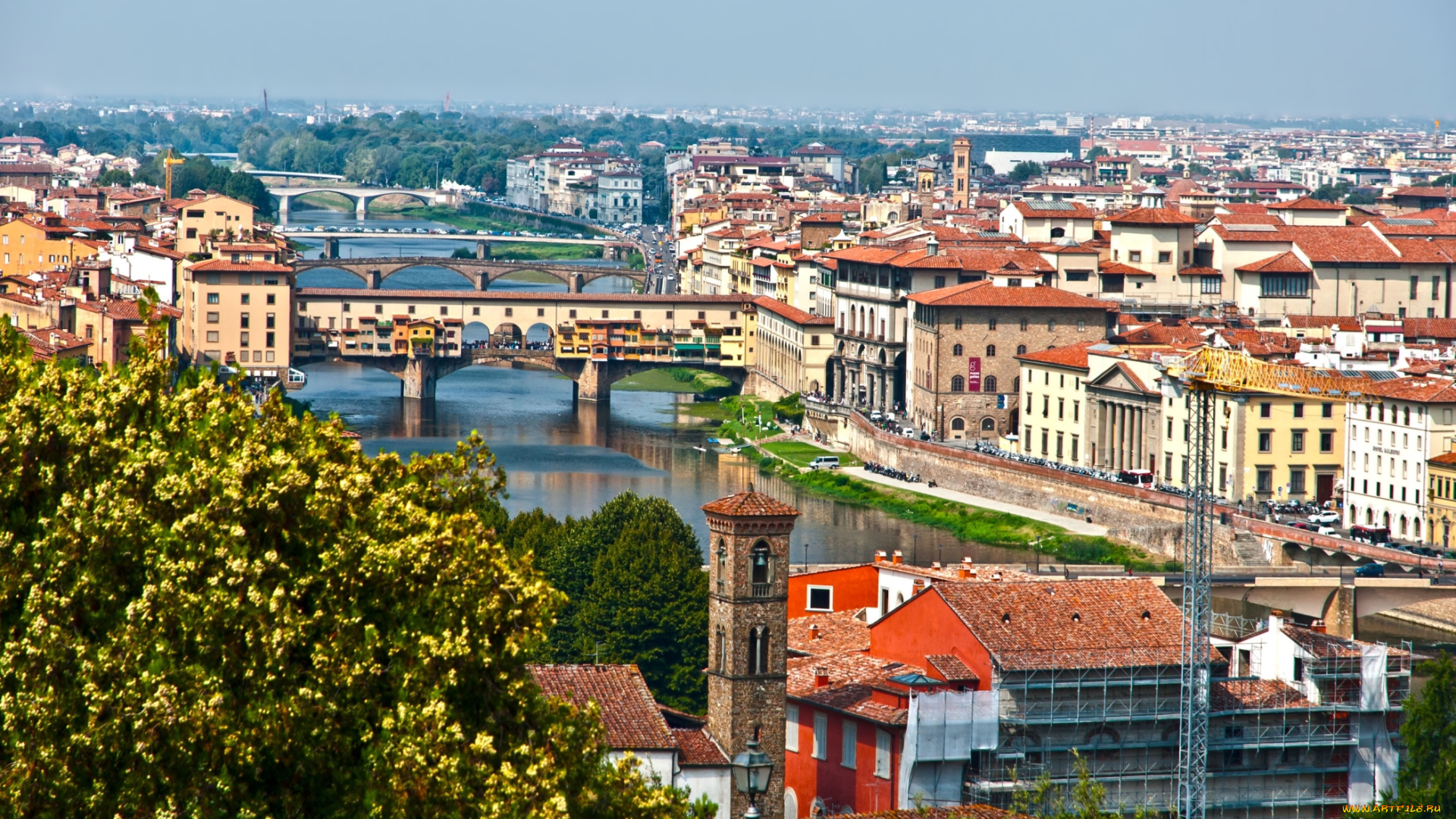 города, флоренция, , италия, панорама, мост