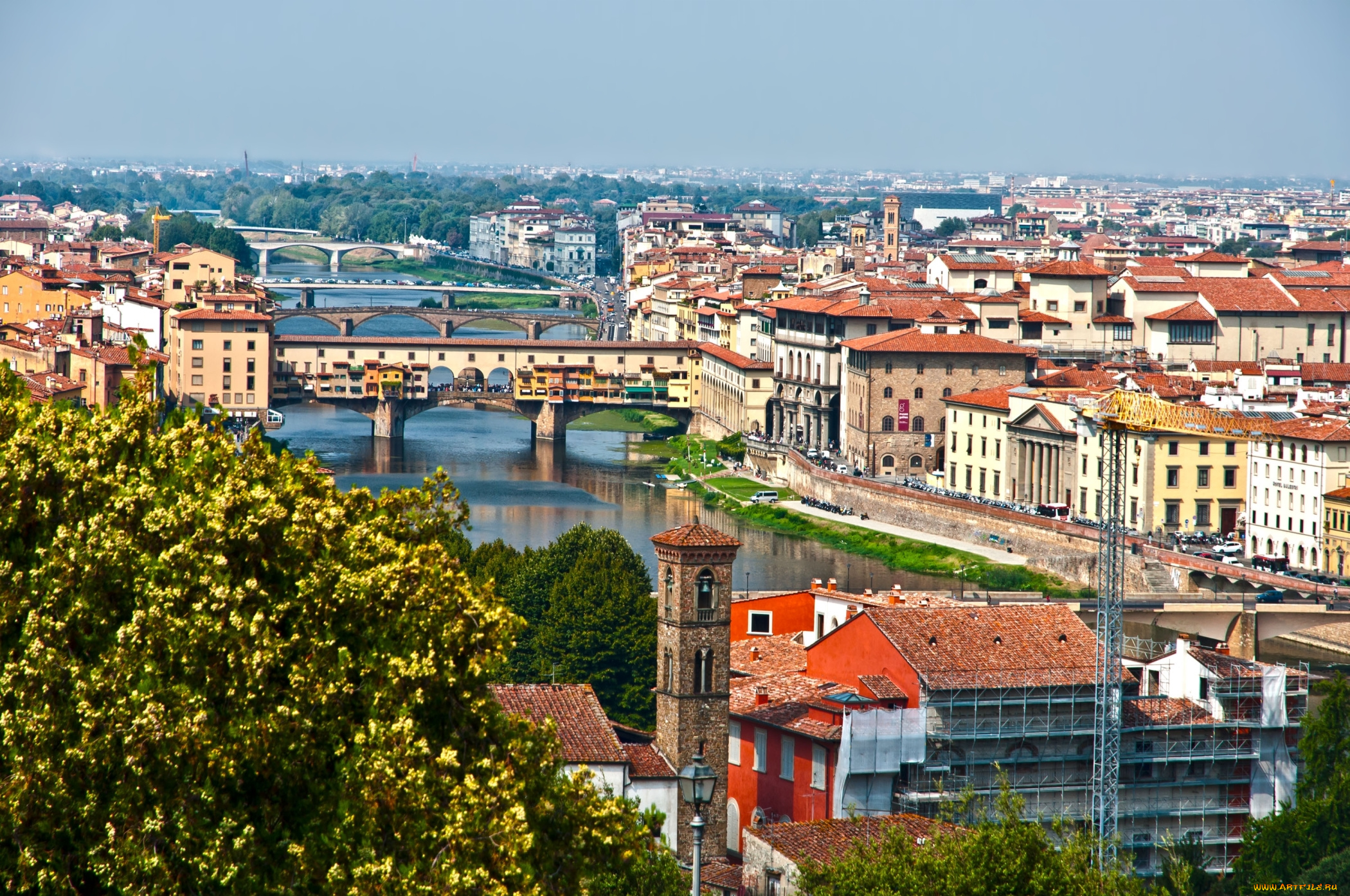города, флоренция, , италия, панорама, мост