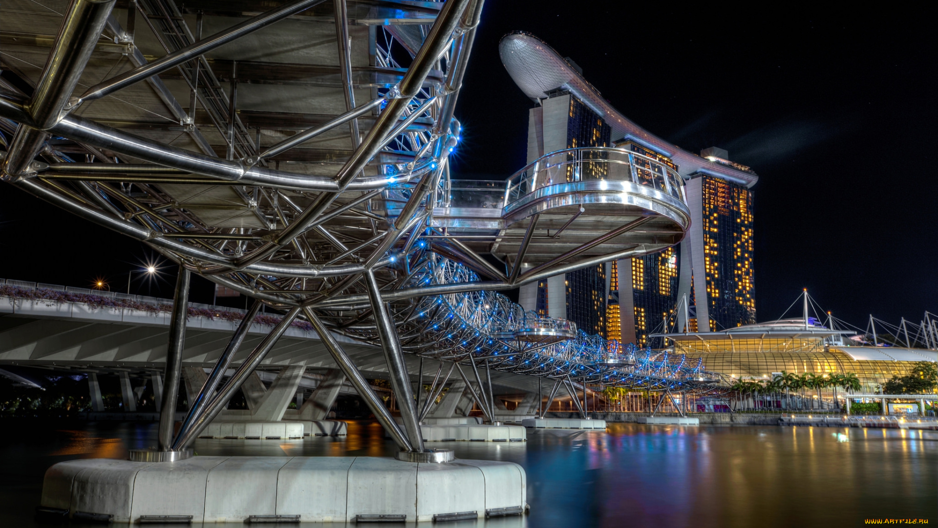 singapore, -, helix, bridge, and, marina, bay, sands, города, сингапур, , сингапур, мост, река, ночь