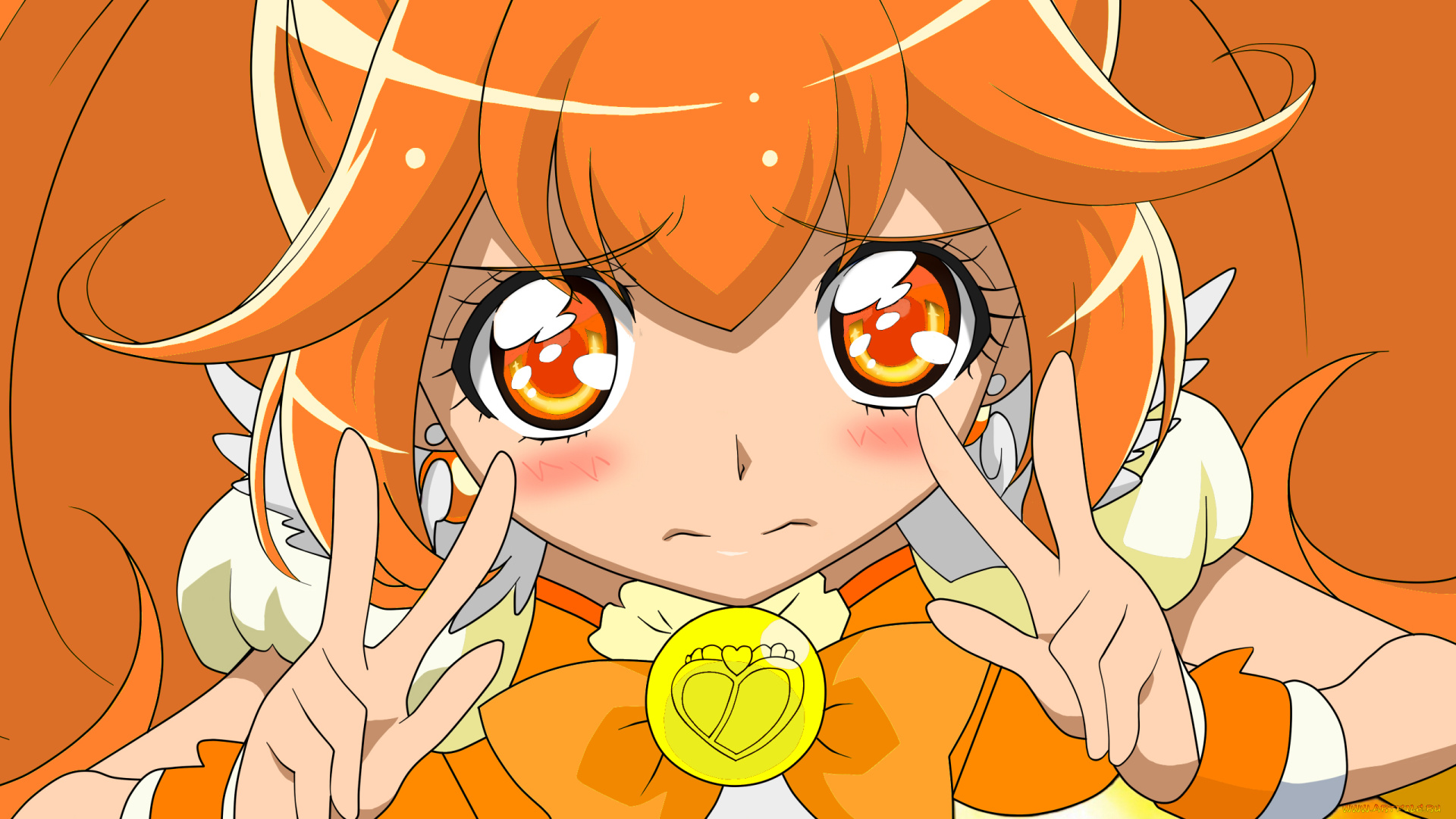 smile, precure, аниме, cure, peace, брошь, девушка, взгляд, фон, жест