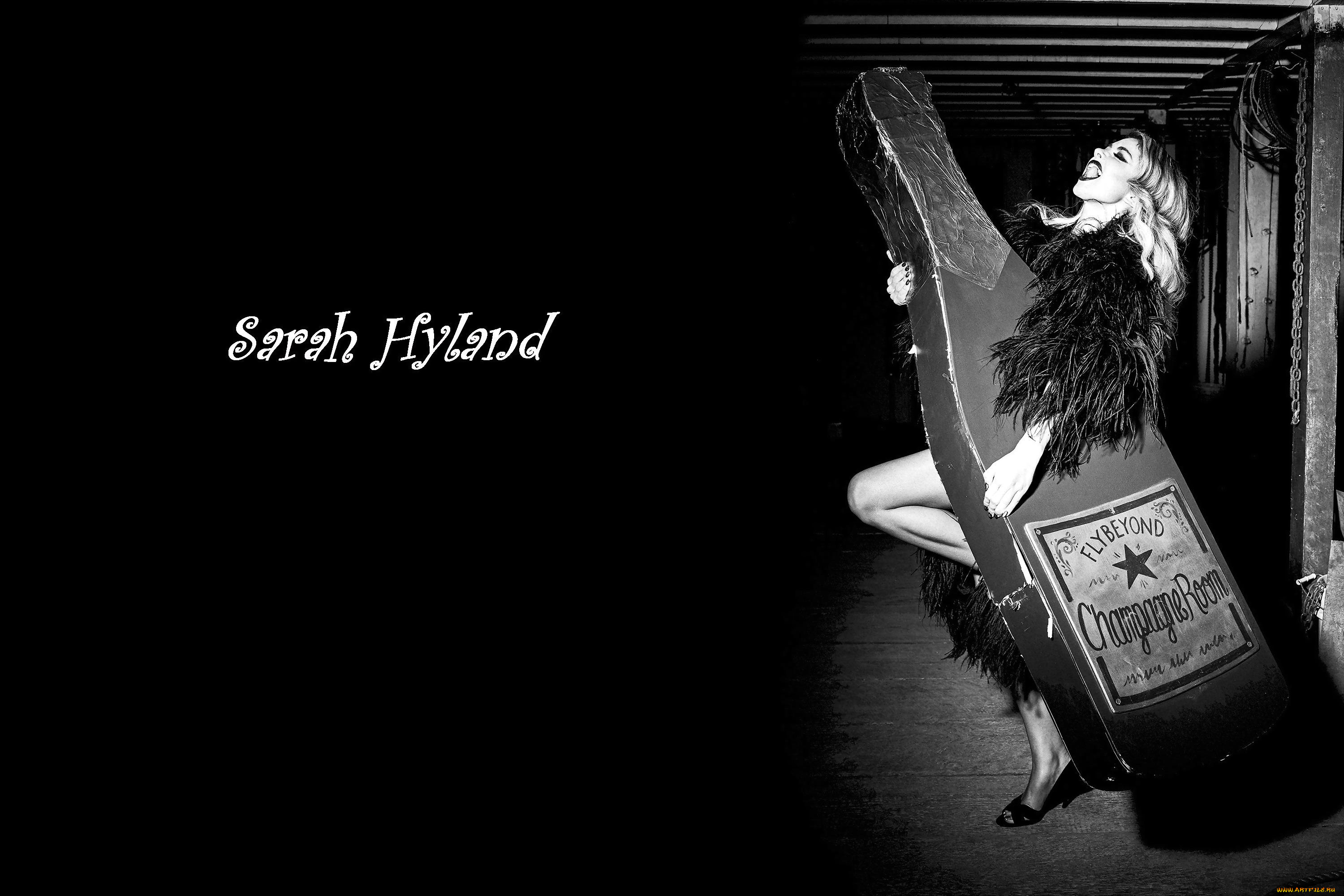 sarah, hyland, девушки, -unsort, , Черно-белые, обои, макет, бутылка, крик, актриса, блондинка, сара, хайлэнд, перья