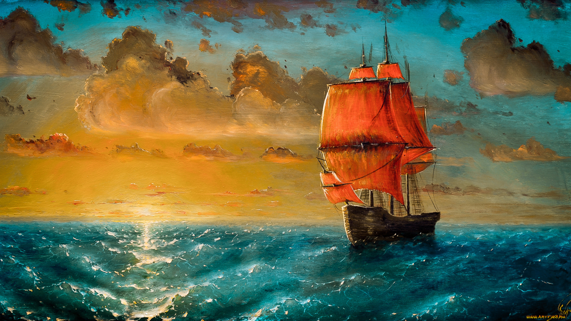рисованное, живопись, облака, волны, закат, море, парусник, арт, корабль