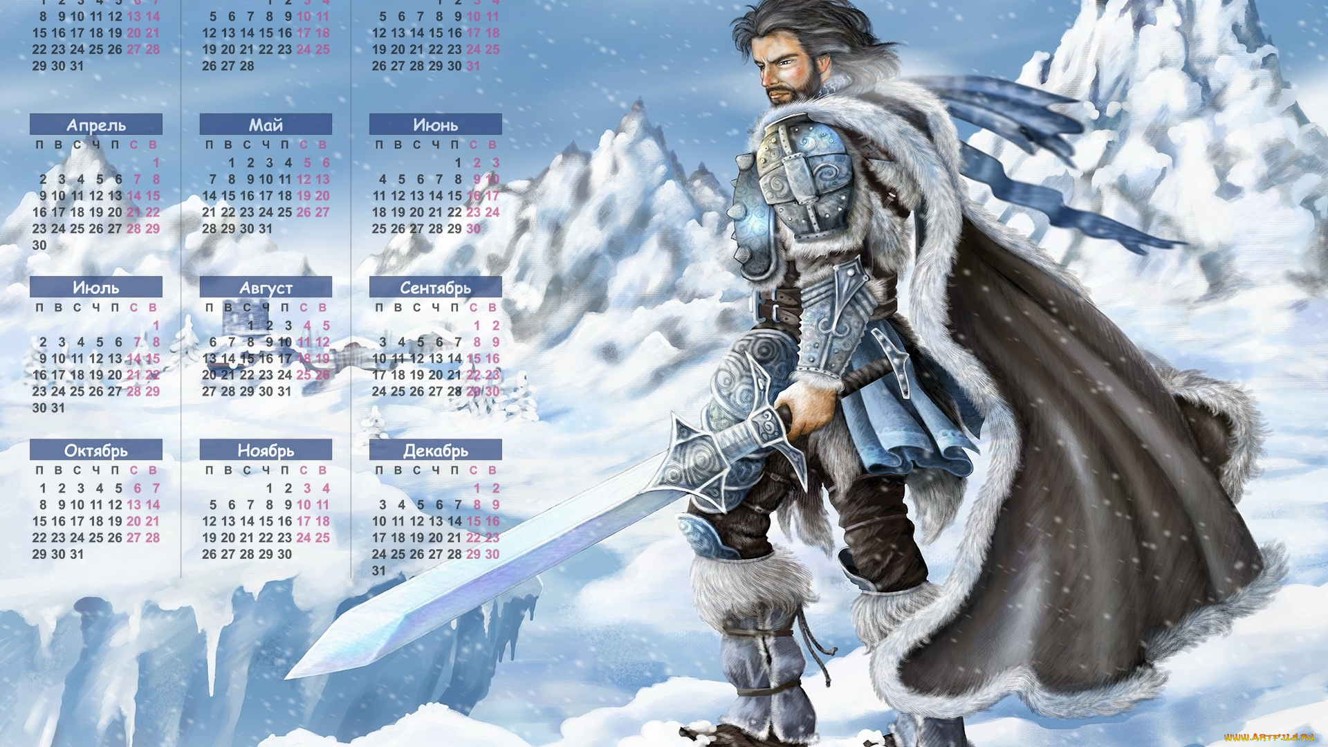 календари, рисованные, , векторная, графика, снег, доспехи, воин, скала, мужчина