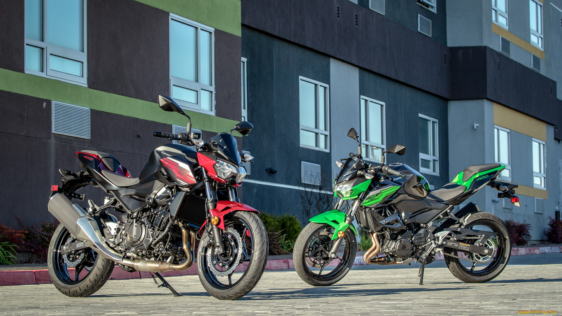 2019, kawasaki, z400, мотоциклы, kawasaki, японские, z400, парковка, 2019, два, мотоцикла