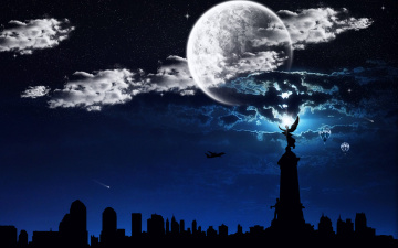 Картинка 3д графика atmosphere mood атмосфера настроения монумент город ночь луна самолет шары тучи