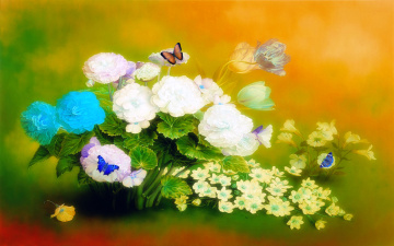 Картинка рисованные цветы бабочки бутоны листья