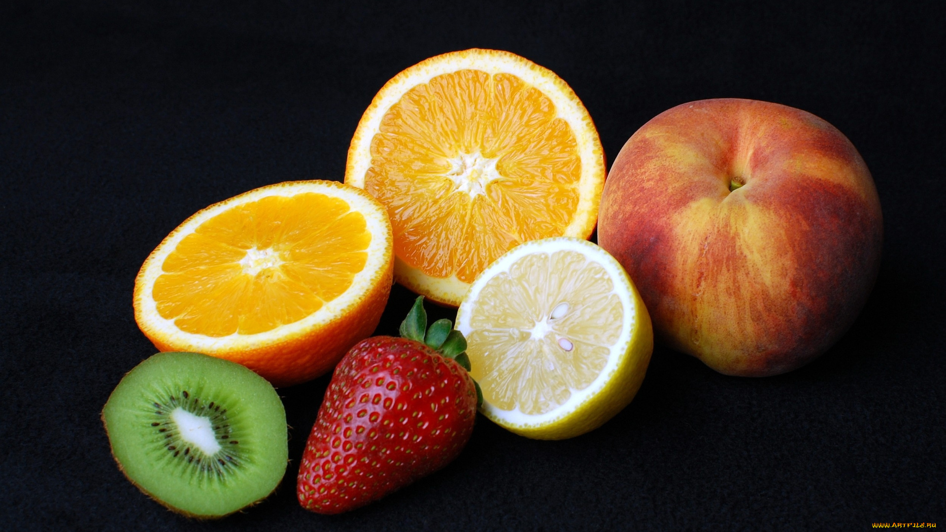 еда, фрукты, ягоды, киви, клубника, апельсин, лимон, персик