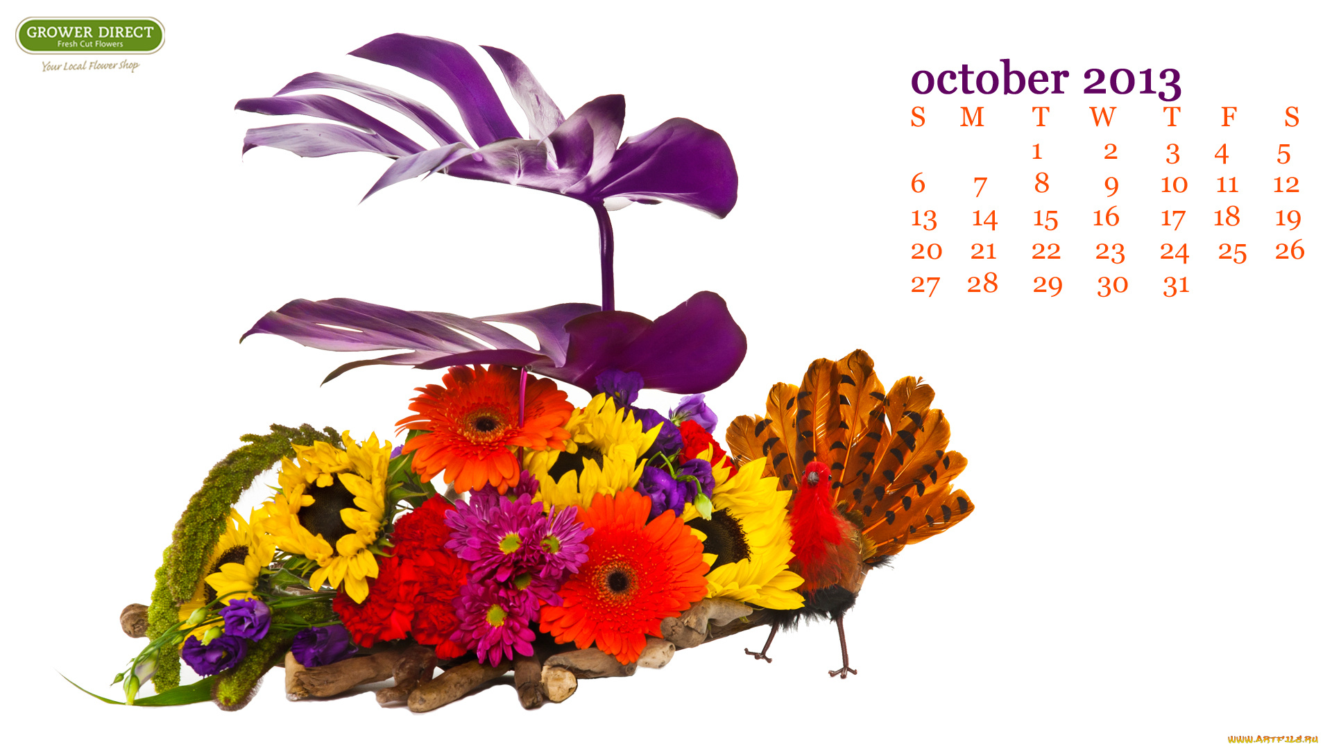 календари, цветы, подсолнухи, розы, хризантемы, птичка
