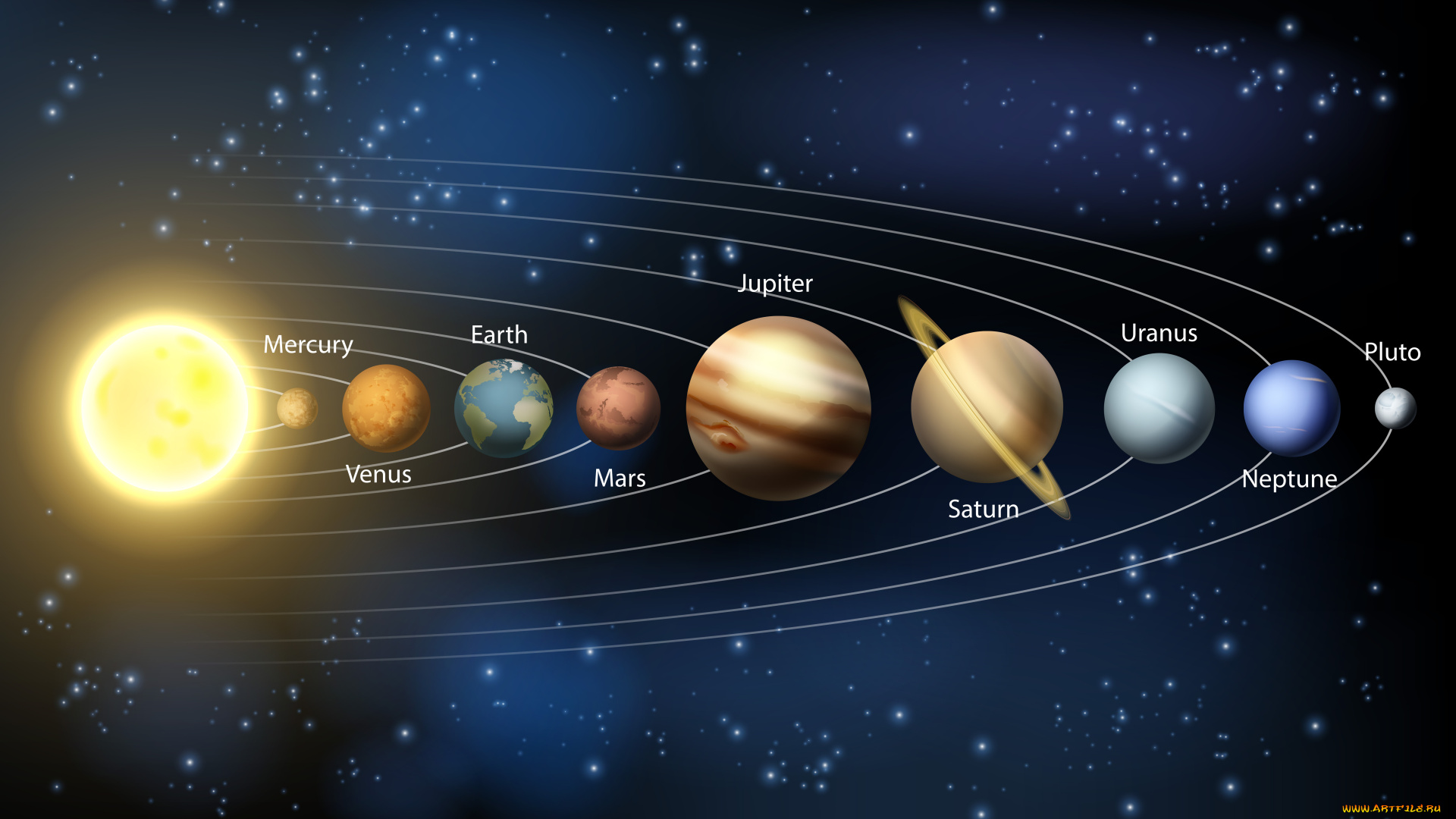 космос, арт, солнце, планеты, солнечная, система, звезды