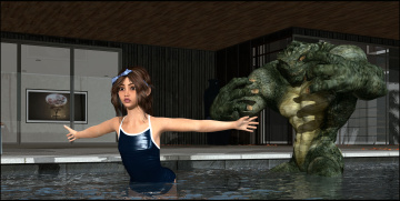 Картинка 3д+графика фантазия+ fantasy девушка взгляд фон бассейн существо