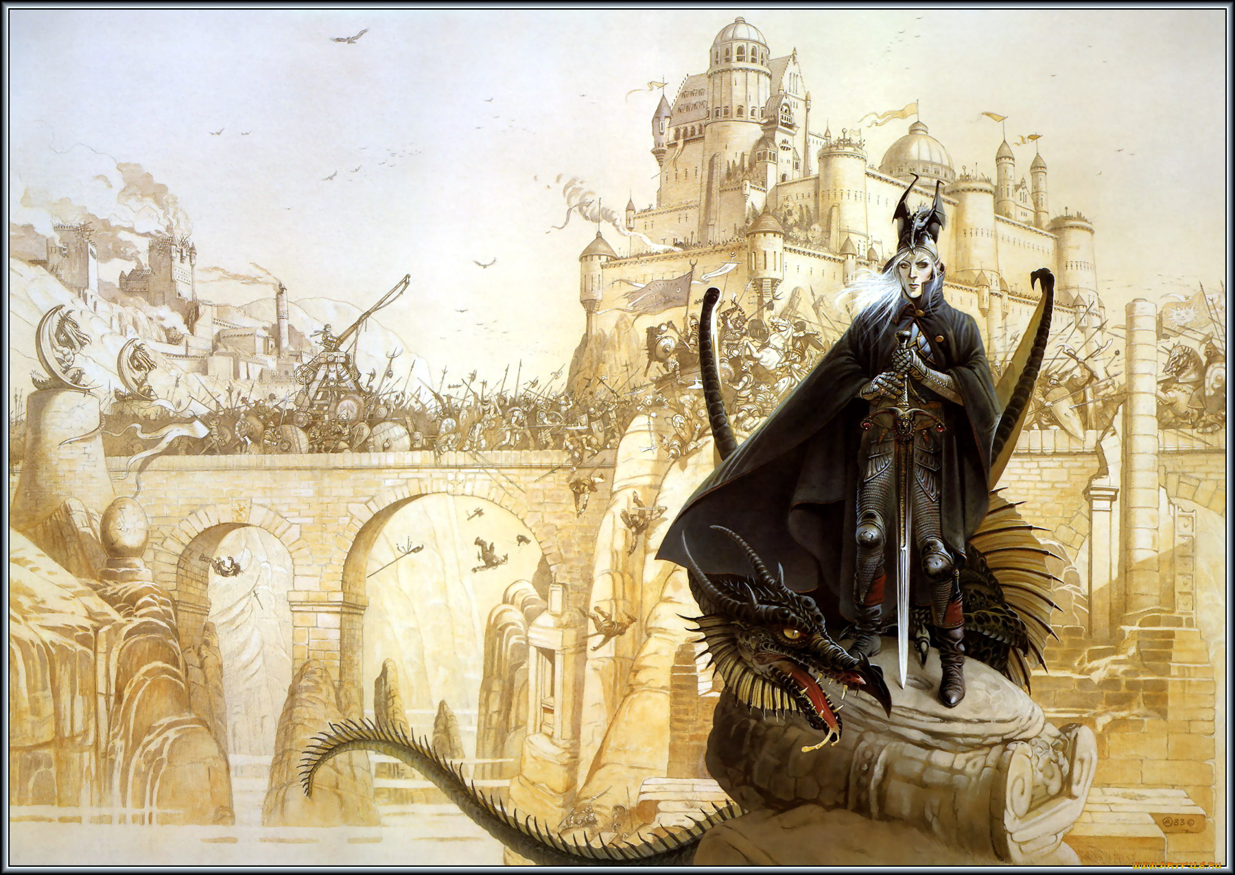 chris, achilleos, elric, фэнтези, драконы, мост, замок, элрик, воин, рыцарь, дракон, война, армия
