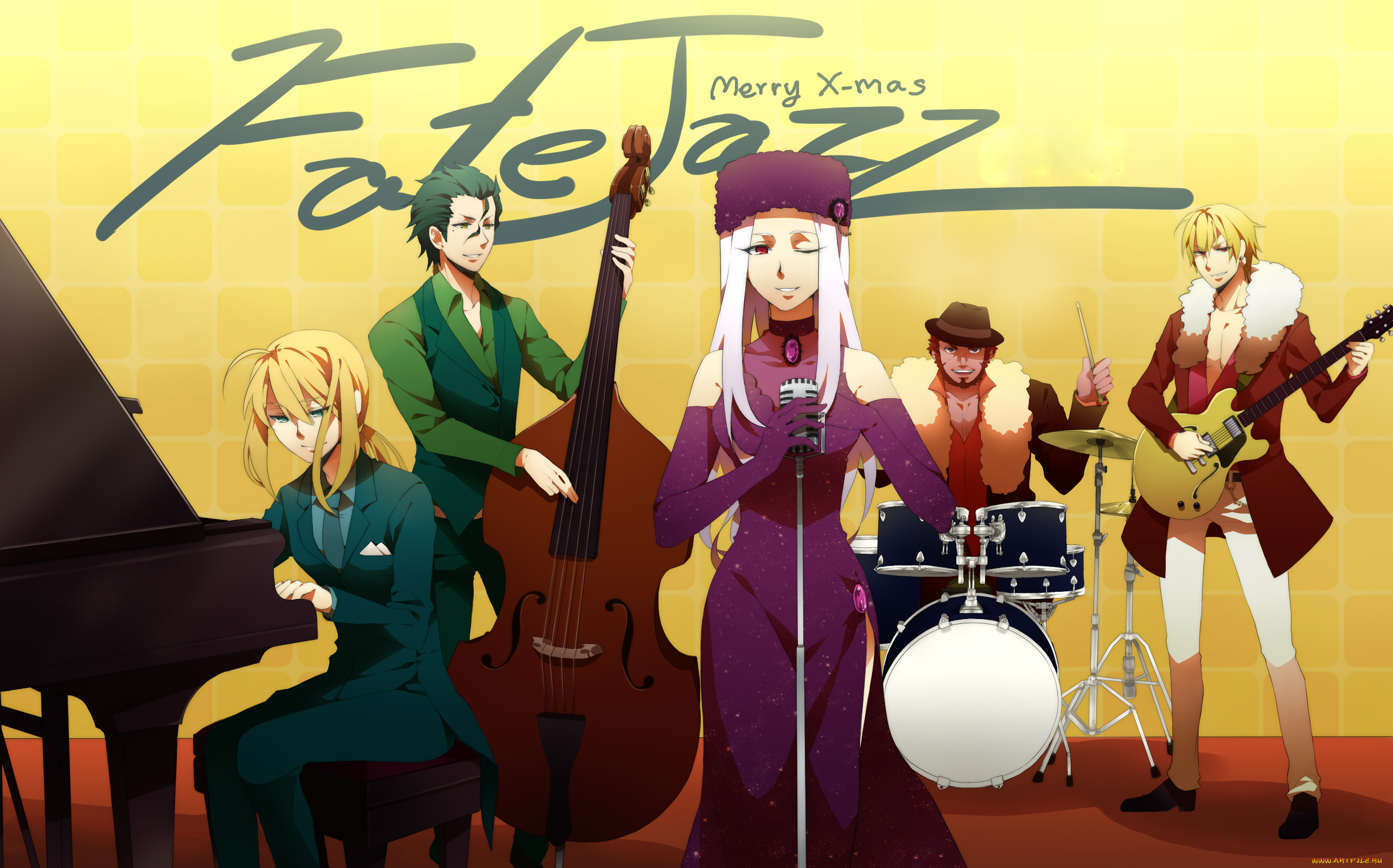 аниме, fate, zero, новый, год, жёлтый, фон, девушка, парни, музыка, группа, арт