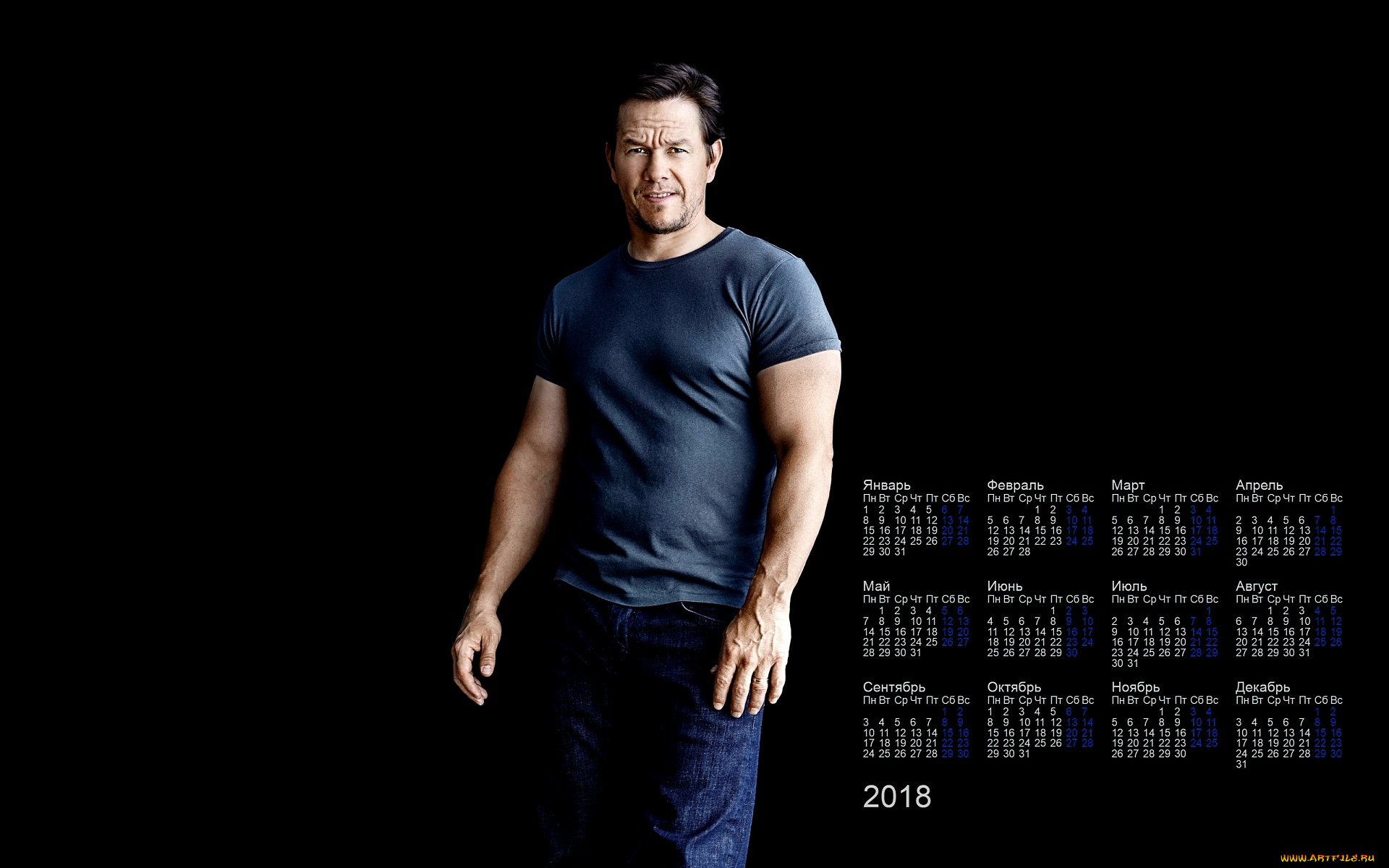 mark, uolberg, календари, знаменитости, мужчина, 2018, черный, фон, взгляд, актер