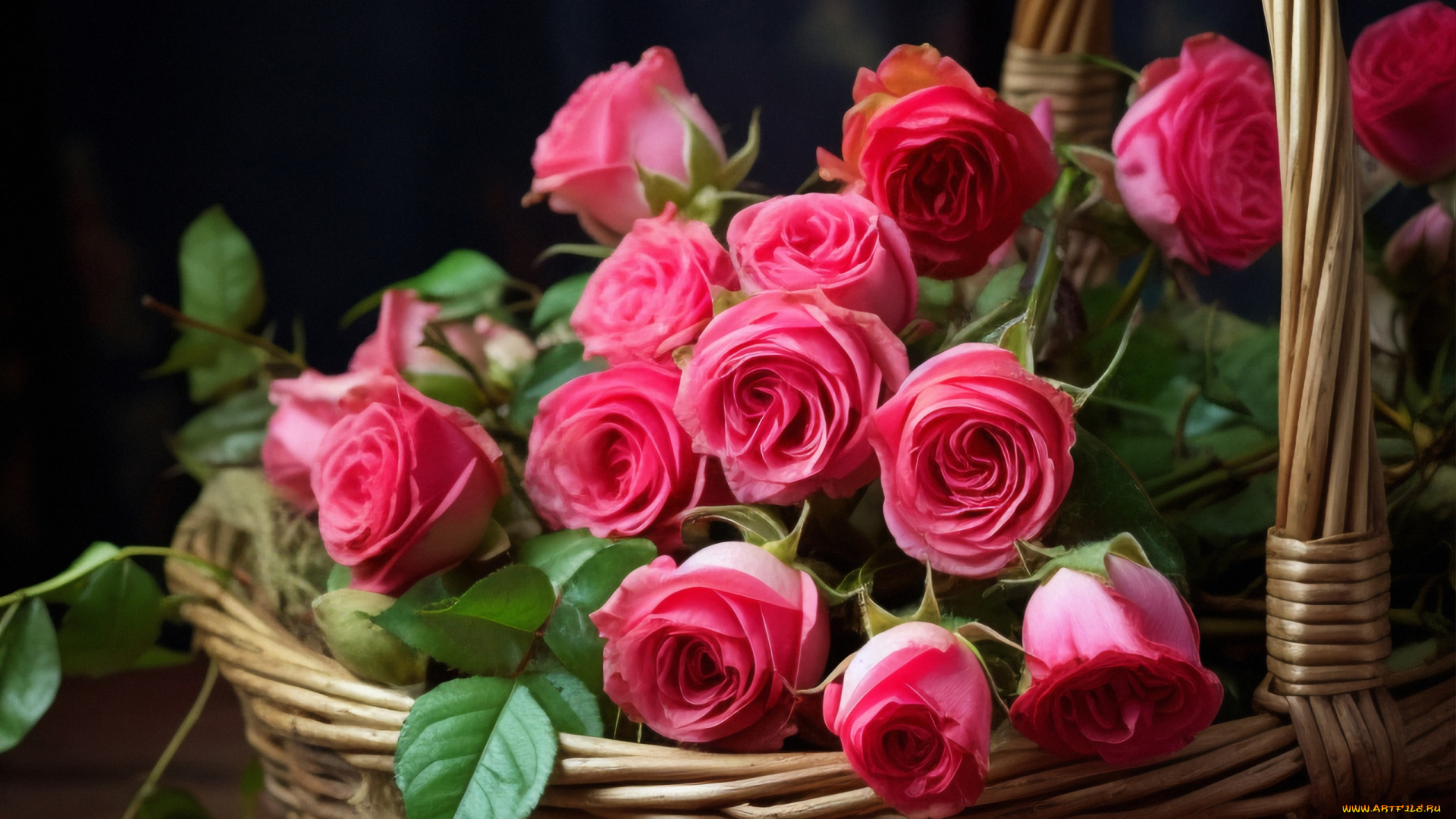 цветы, розы, корзинка, розовые, бутоны