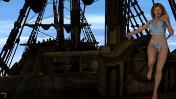 Картинка 3д+графика люди+ people взгляд девушка купальник парусник фон небо пират