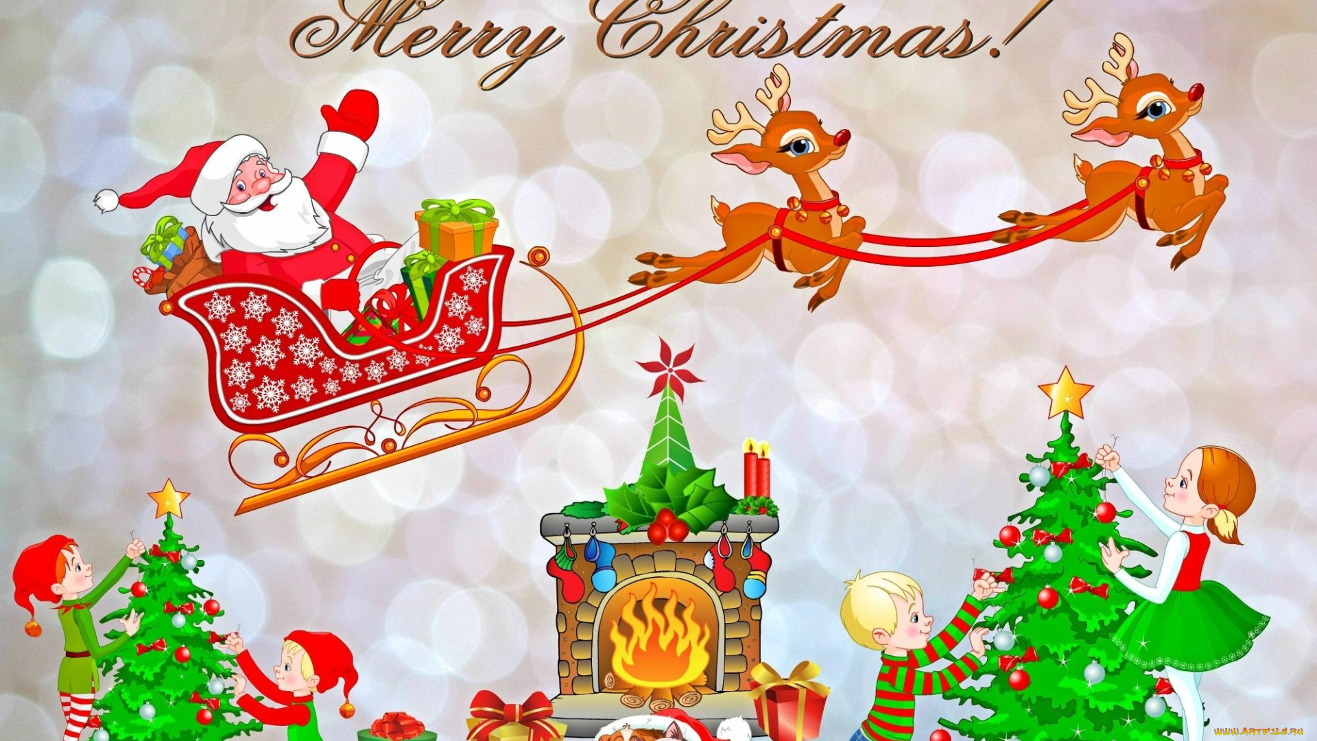 праздничные, векторная, графика, , новый, год, елки, камин, дети, санта, клаус, олени, животные, подарки