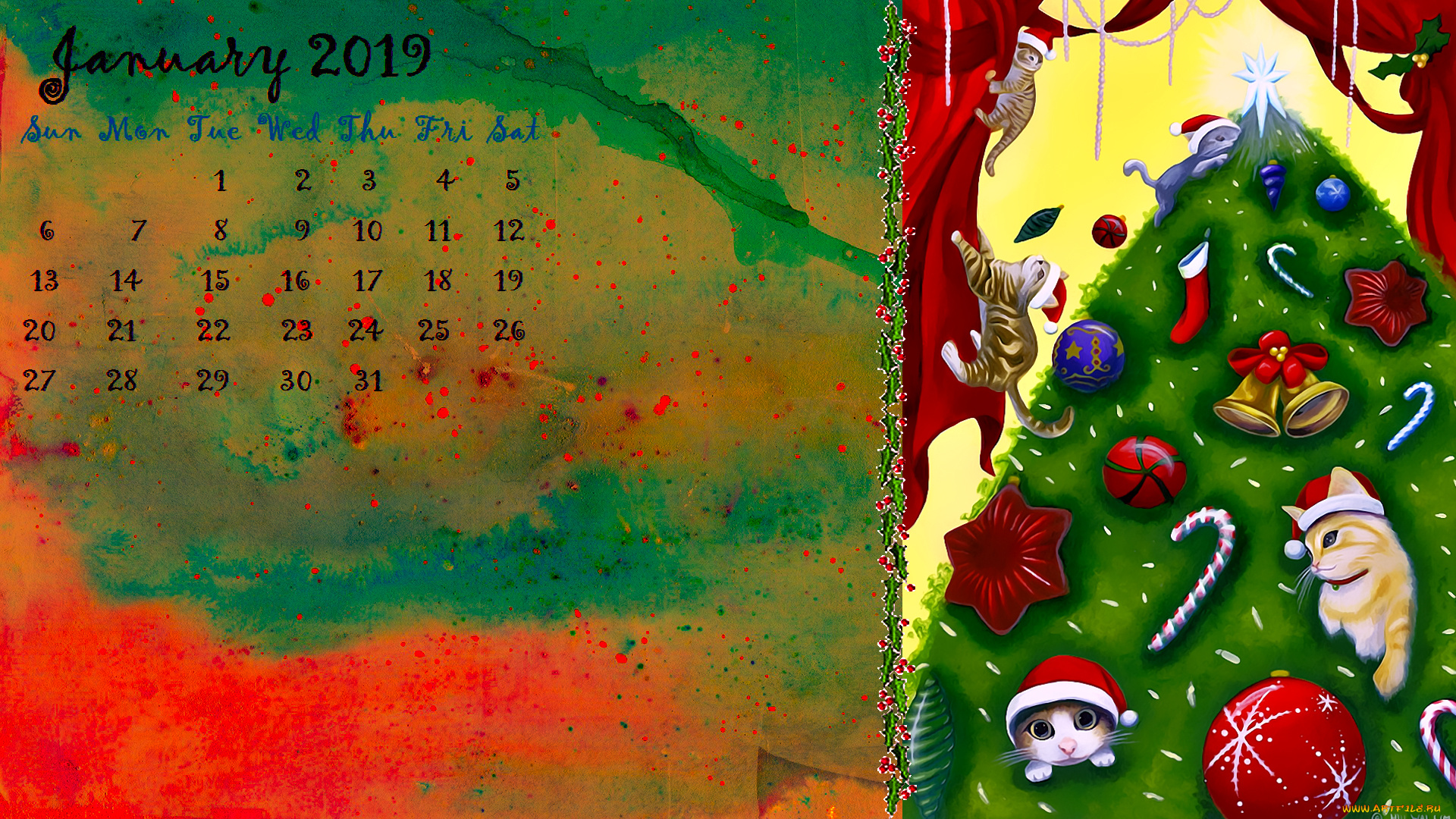 календари, праздники, , салюты, елка, колокольчик, шар, игрушка, кошка