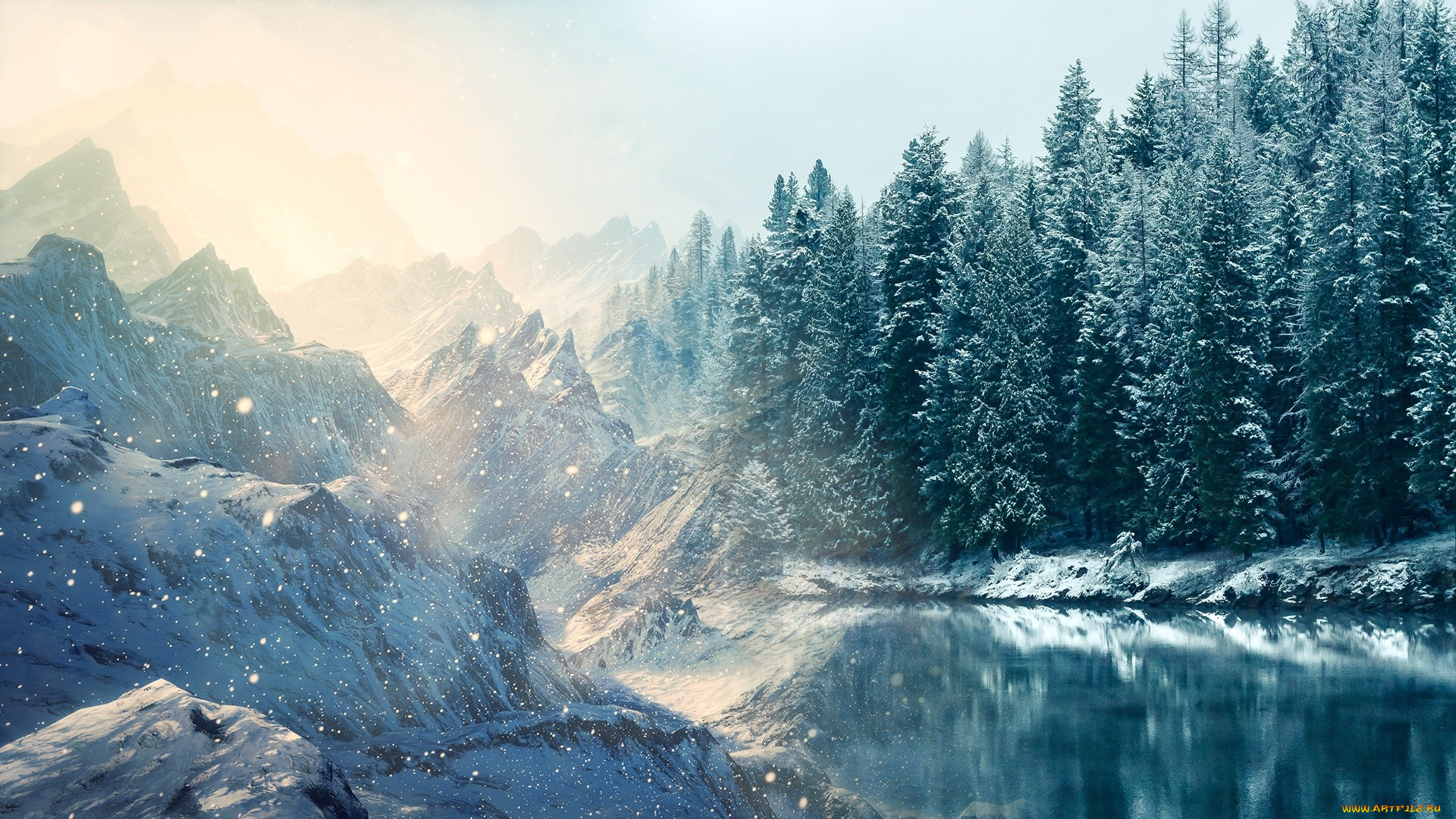 зимняя, сказка, природа, зима, снег, вода, лес, горы, фотомонтаж