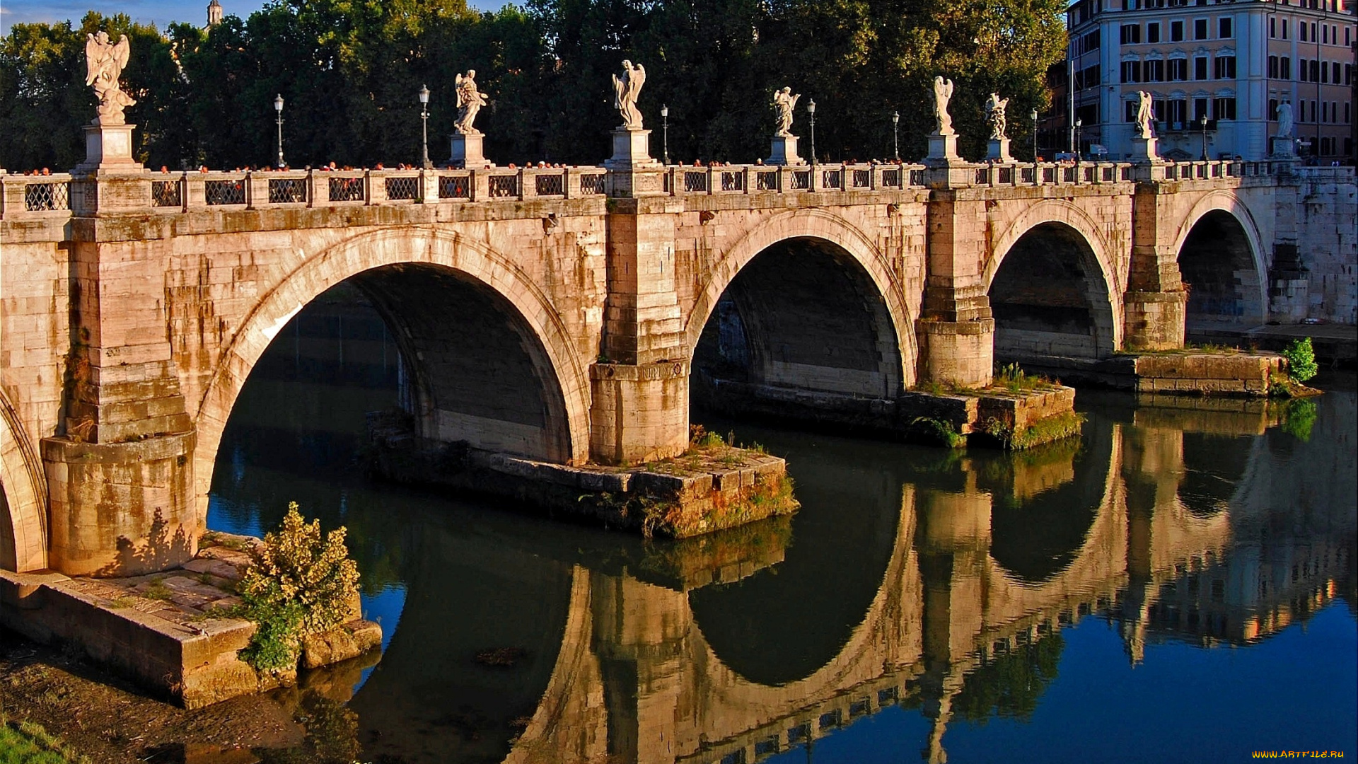 мост, понте, сент, анджело, рим, италия, города, ватикан, отражение, вода, арки, каменный