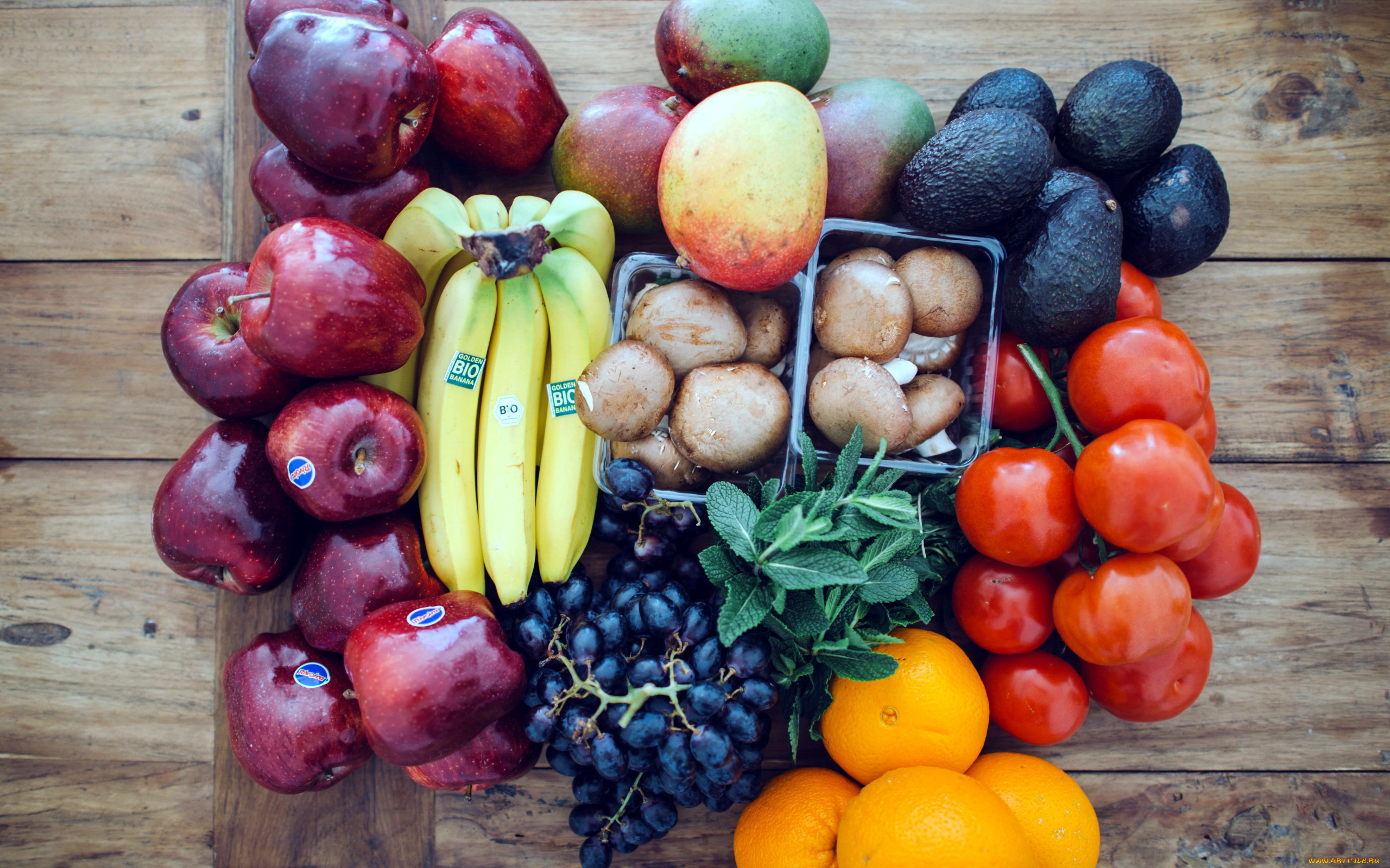 еда, фрукты, и, овощи, вместе, авокадо, помидоры, манго, яблоки, грибы, мята, бананы, виноград