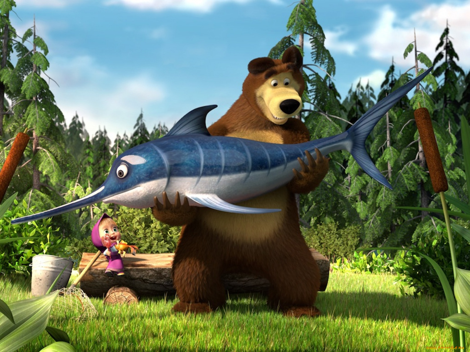 мультфильмы, маша, медведь, рыба