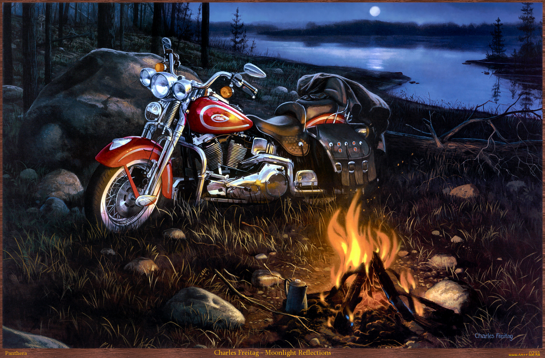 charles, freitag, moonlight, reflections, рисованные, harley-davidson, мотоцикл, пейзаж, река, костёр