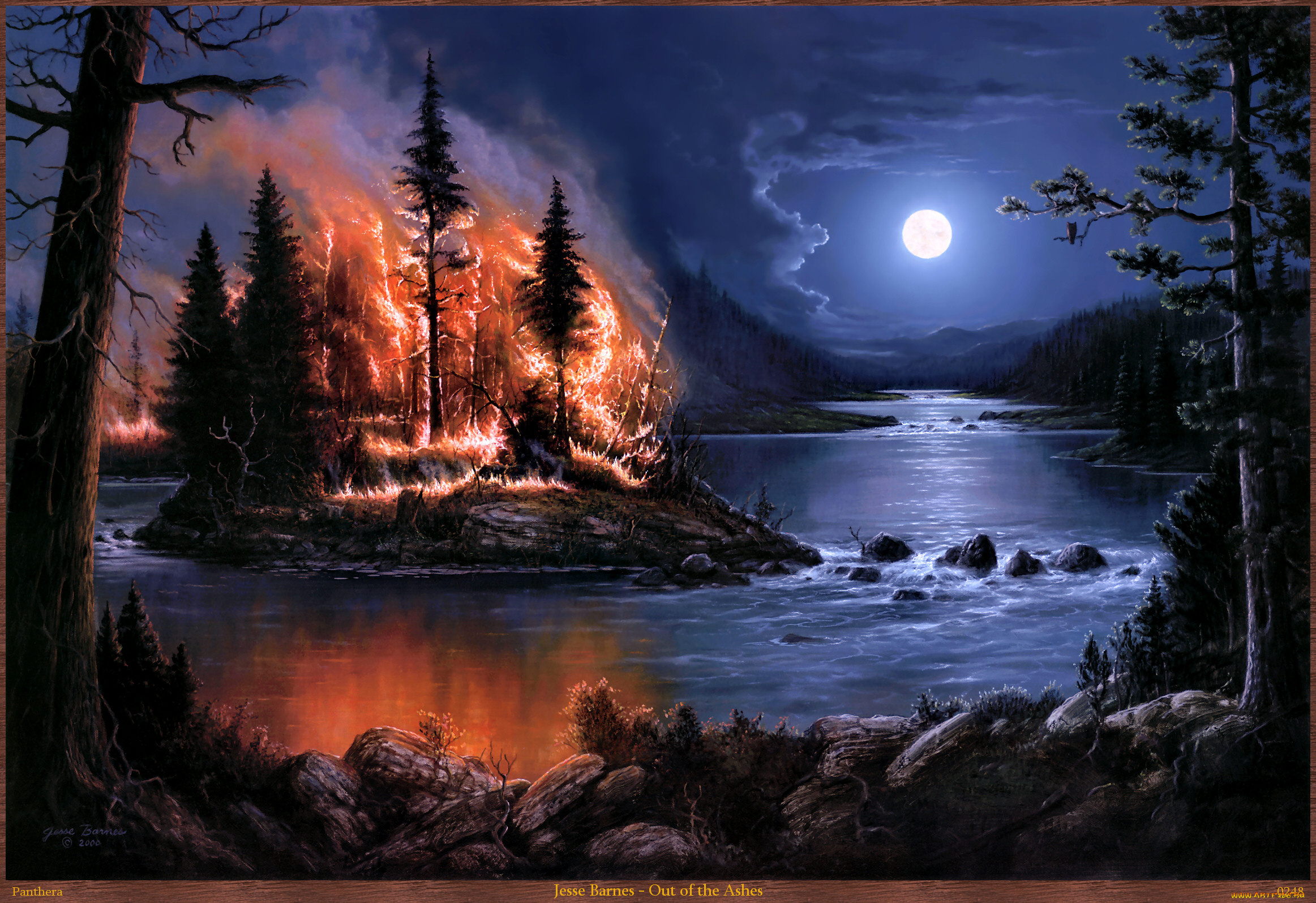 jesse, barnes, out, of, the, ashes, рисованные, лес, пожар, огонь, остров, деревья, ночь, луна, арт, река