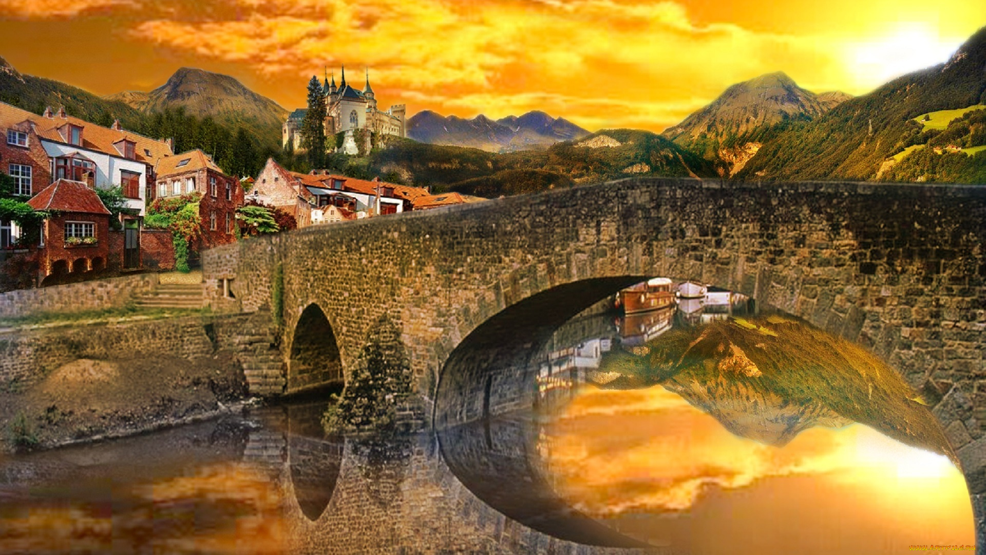 города, -, мосты, alexyamato, швейцария, отражение, река, небо, замок, горы, городок, мост