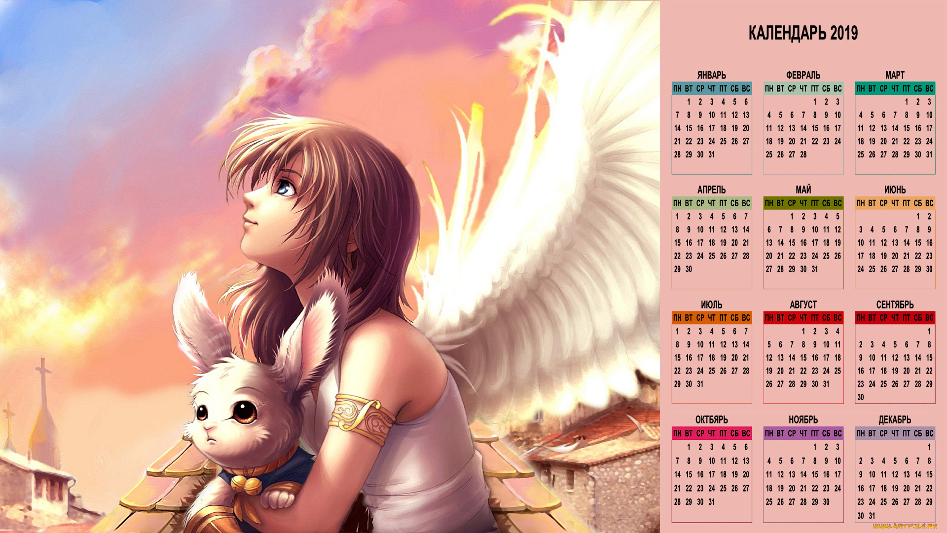 календари, аниме, девушка, взгляд, крылья, существо, животное