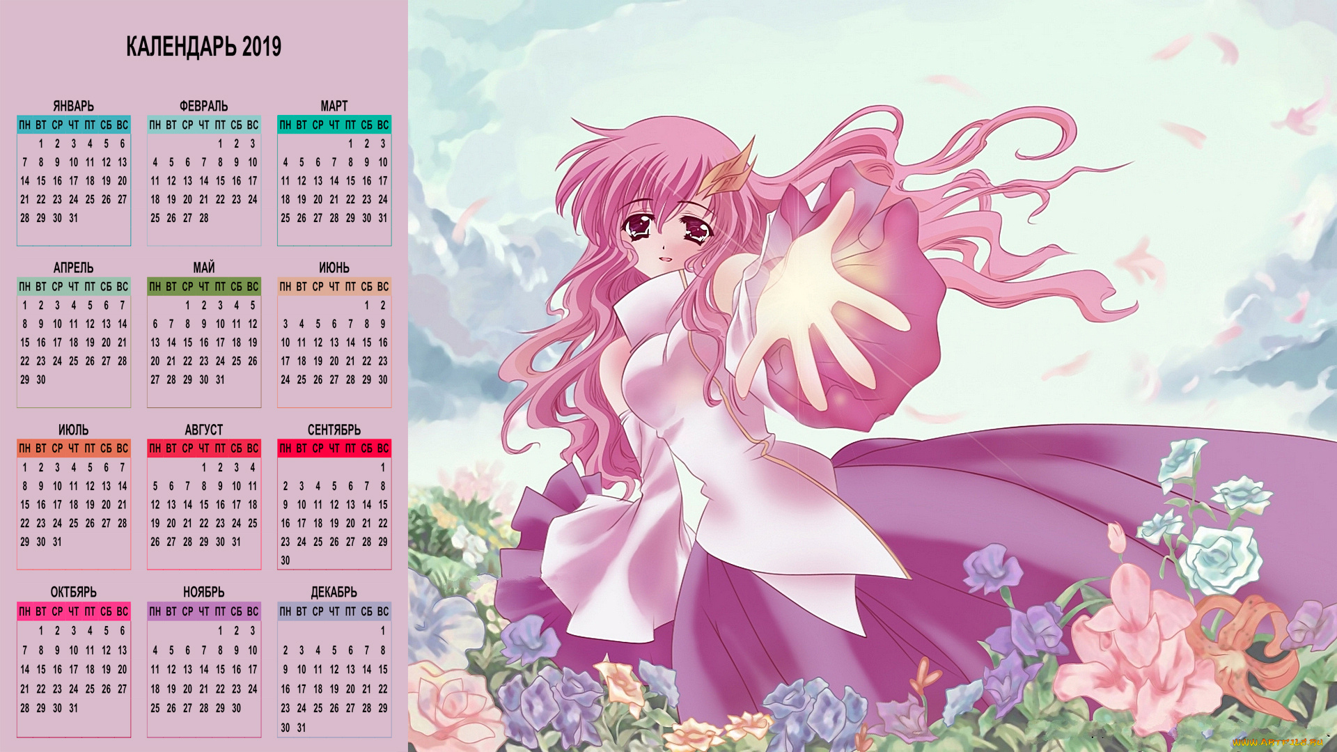 календари, аниме, взгляд, девушка, цветы