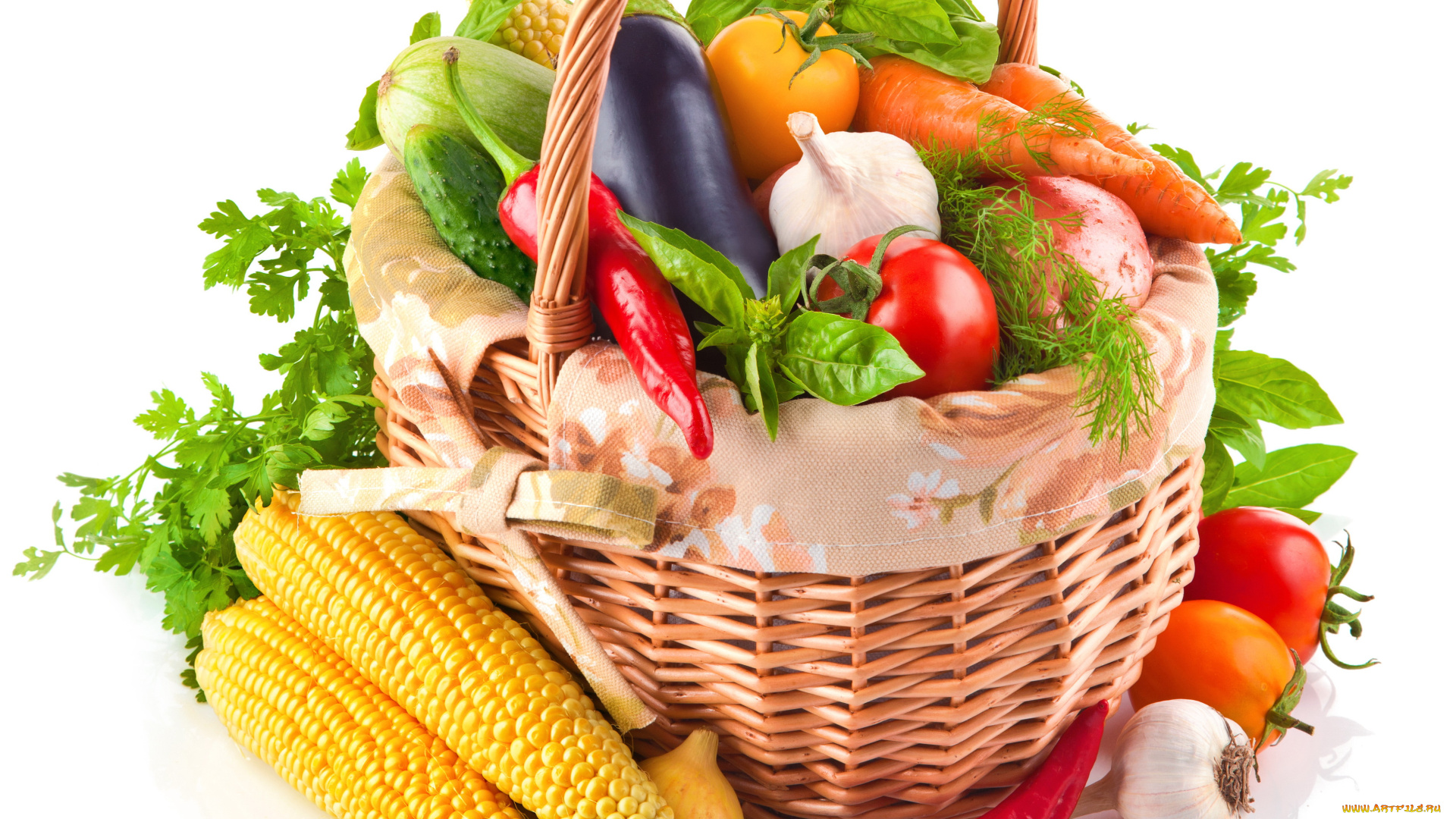 еда, овощи, корзина, кукуруза, баклажан