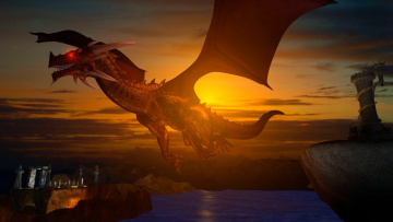 Картинка 3д графика creatures существа горящие глаза зарево ночь дракон крылья полет