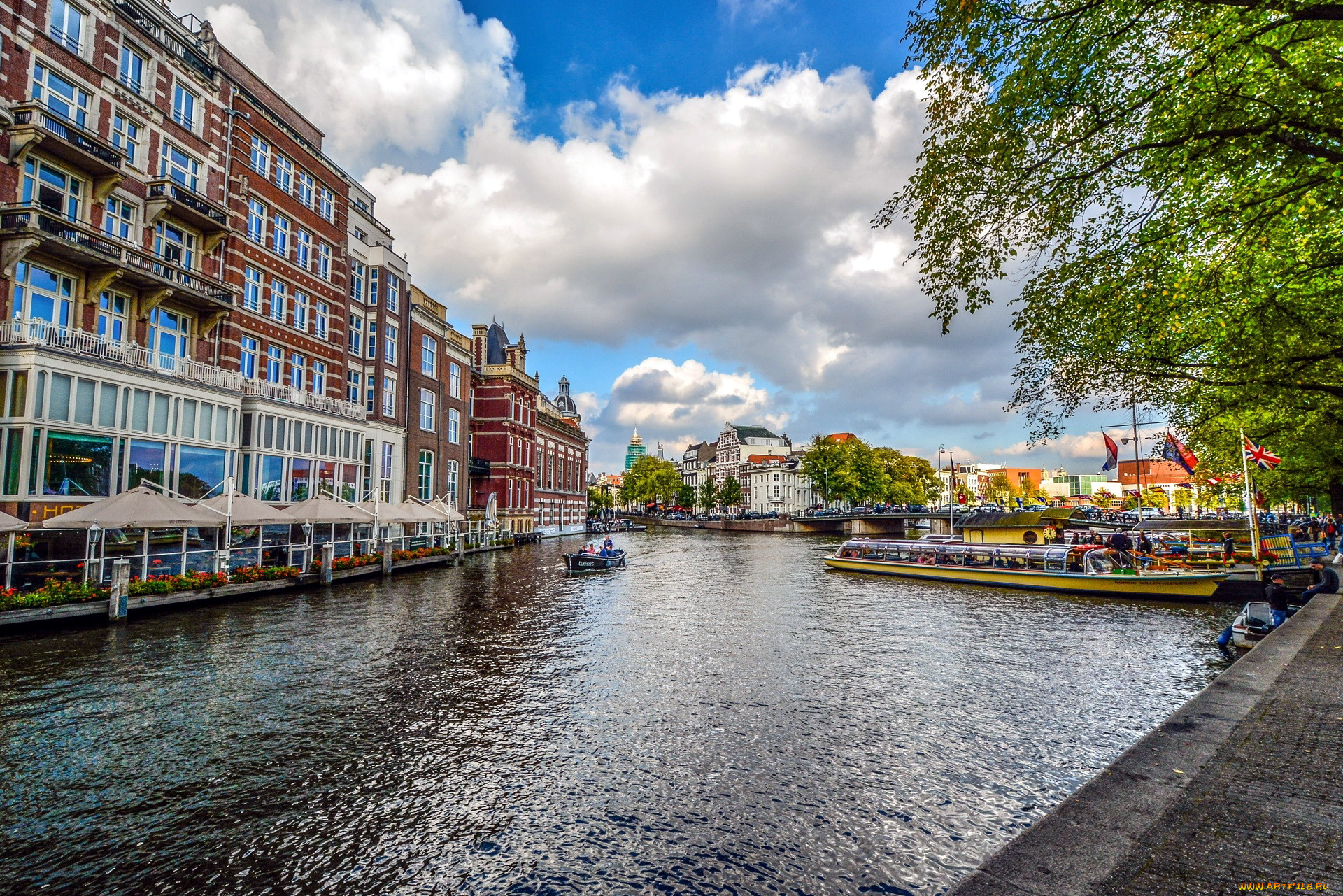 города, амстердам, , нидерланды, канал, лодки, здания