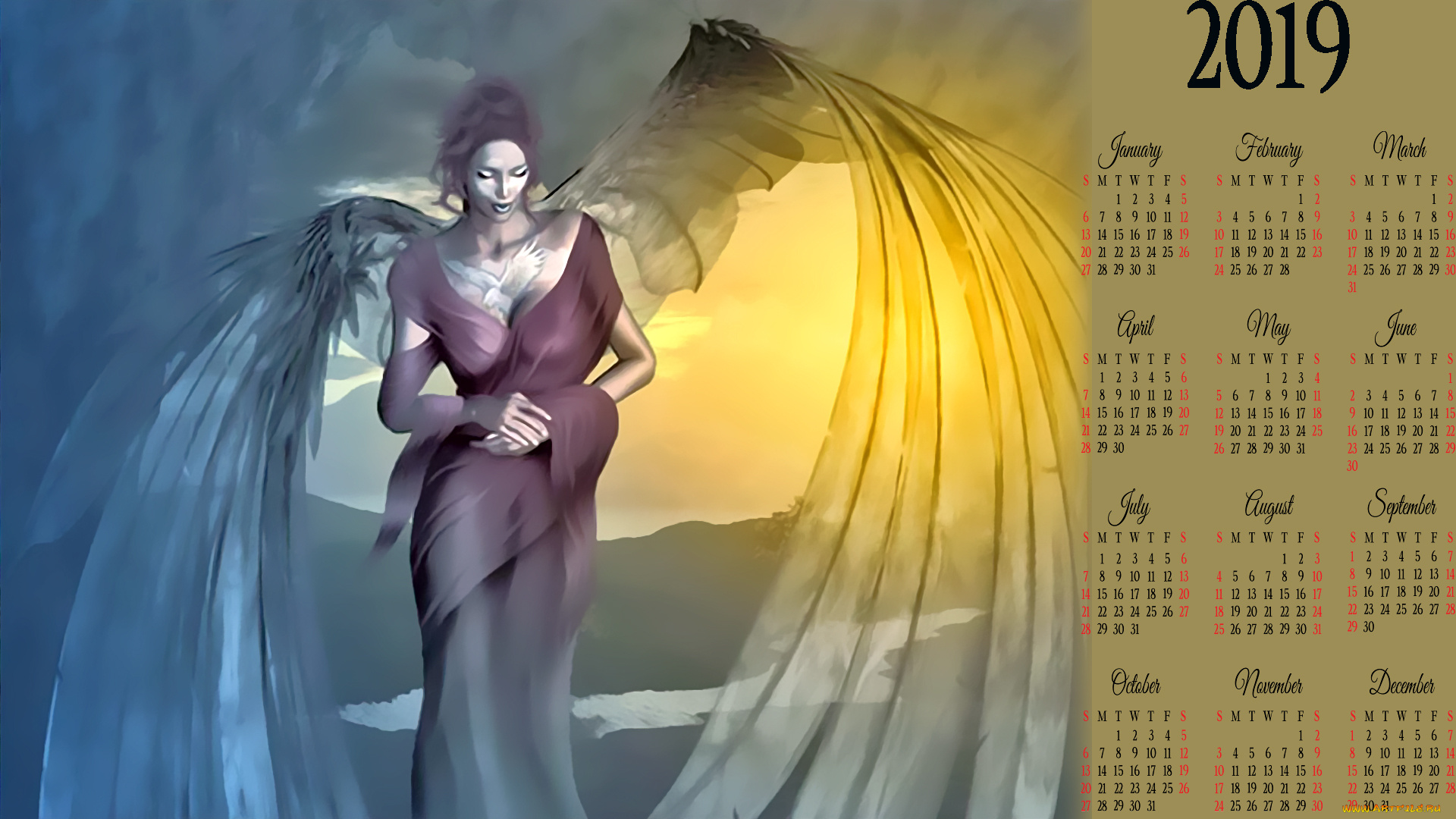 календари, фэнтези, крылья, женщина